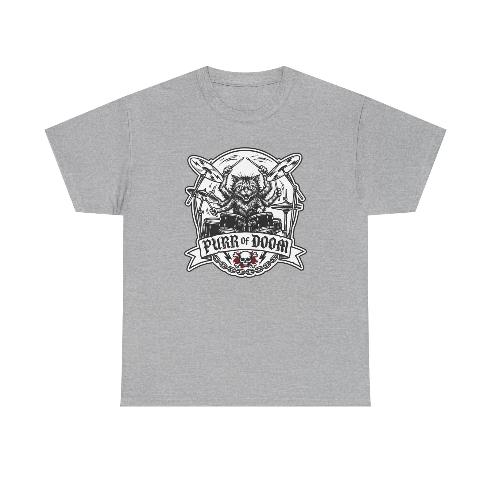 Heavy Metal Rocker Cat Drummer T-Shirt - Heavy Cotton Classic Fit Tee - Unisex White