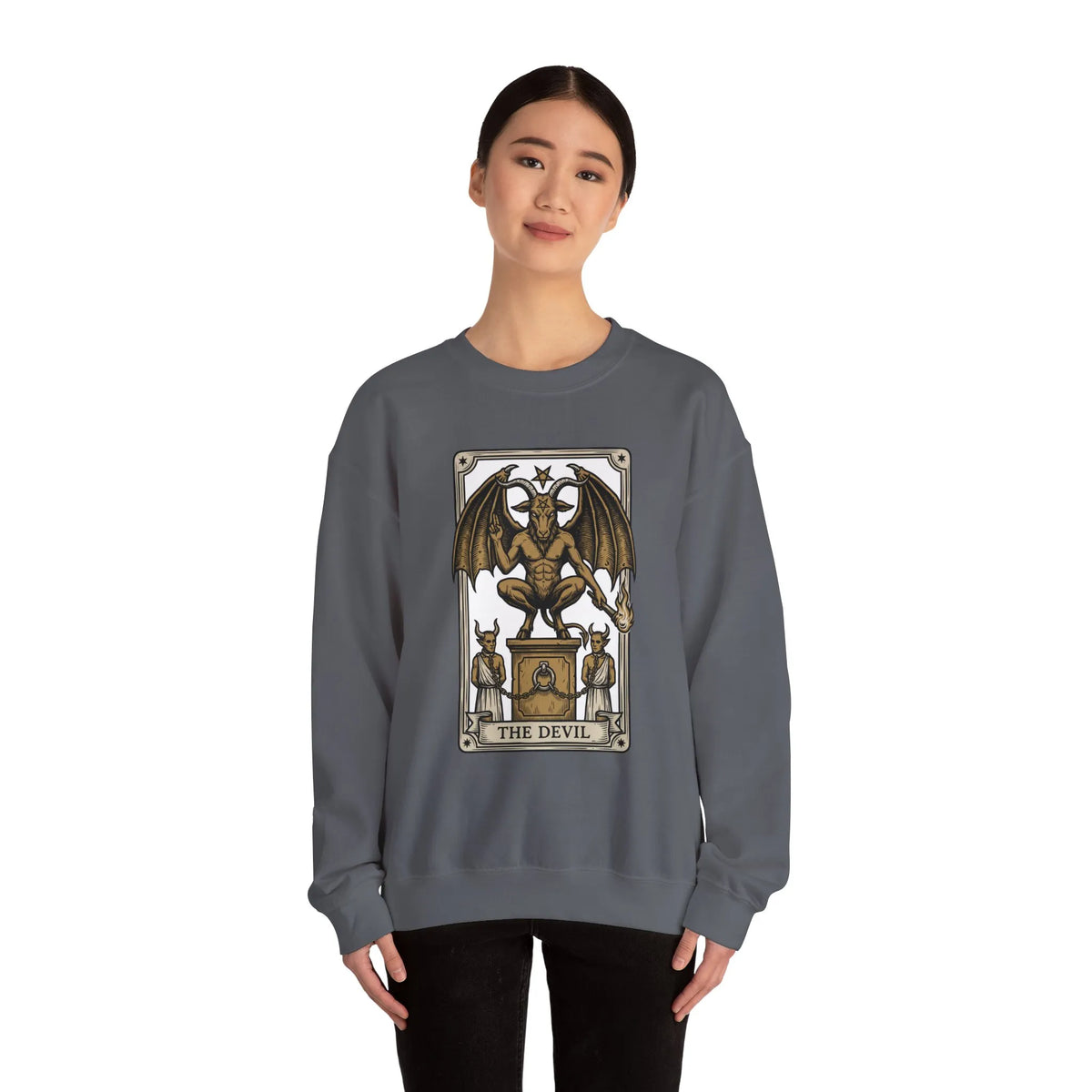 Devil Tarot Card Graphic Sweatshirt - Heavy Blend Fleece Crewneck - Unisex White