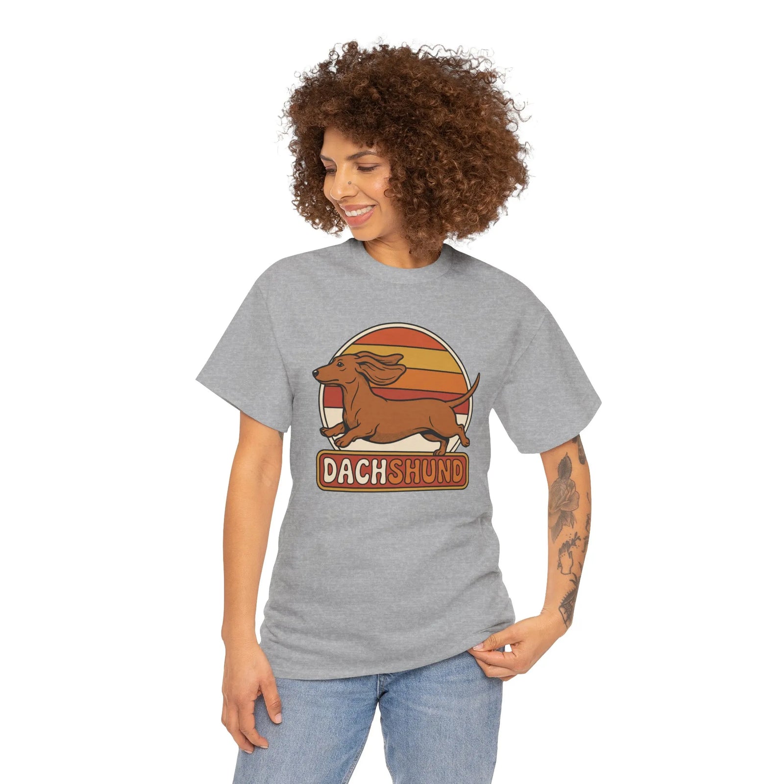 Dachshund Retro 70s Sunset Graphic T-Shirt - Heavy Cotton Classic Fit Tee - Unisex White