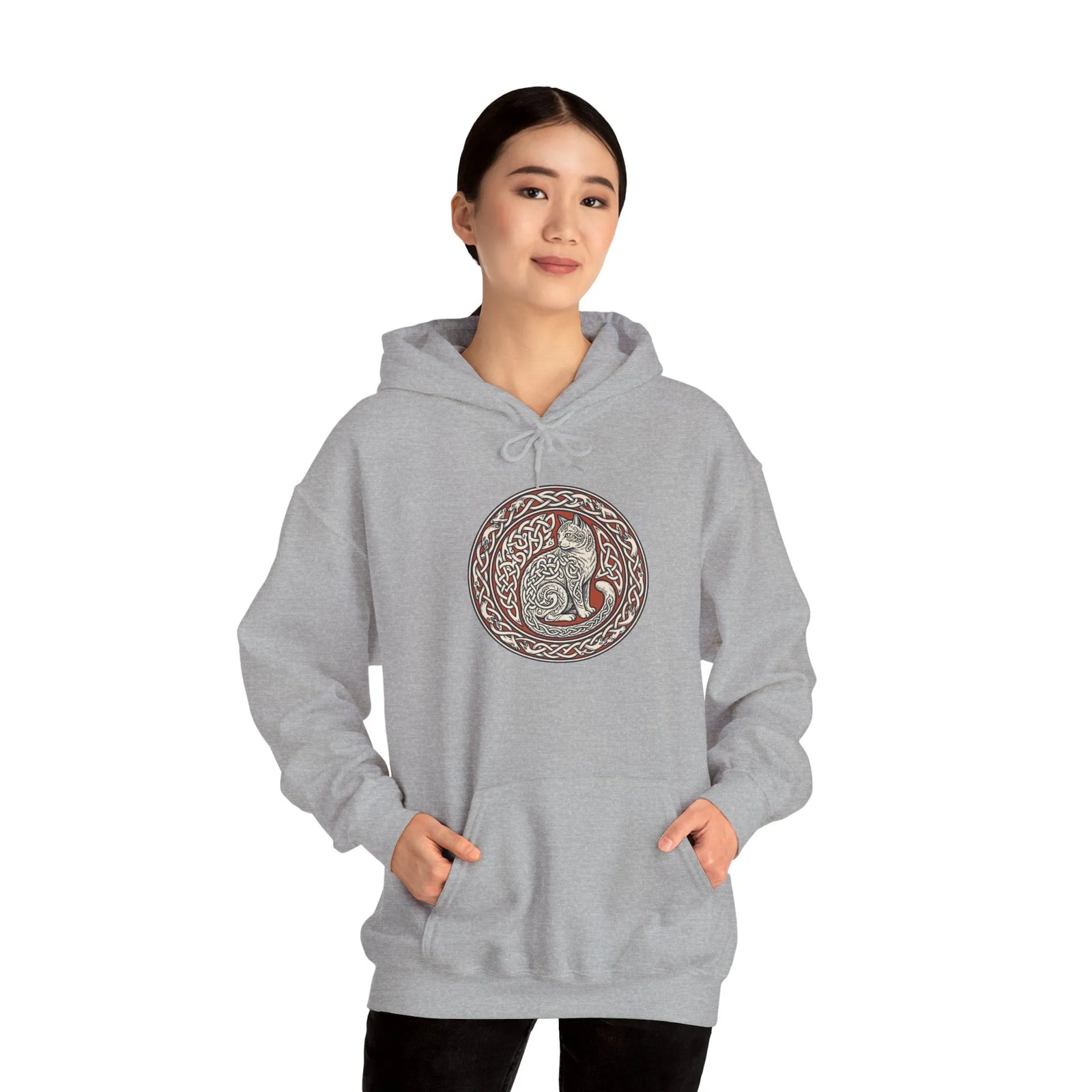 Freyja's Sacred Cat Woodcut Hoodie - Heavy Blend Cotton Poly Pullover - Unisex White