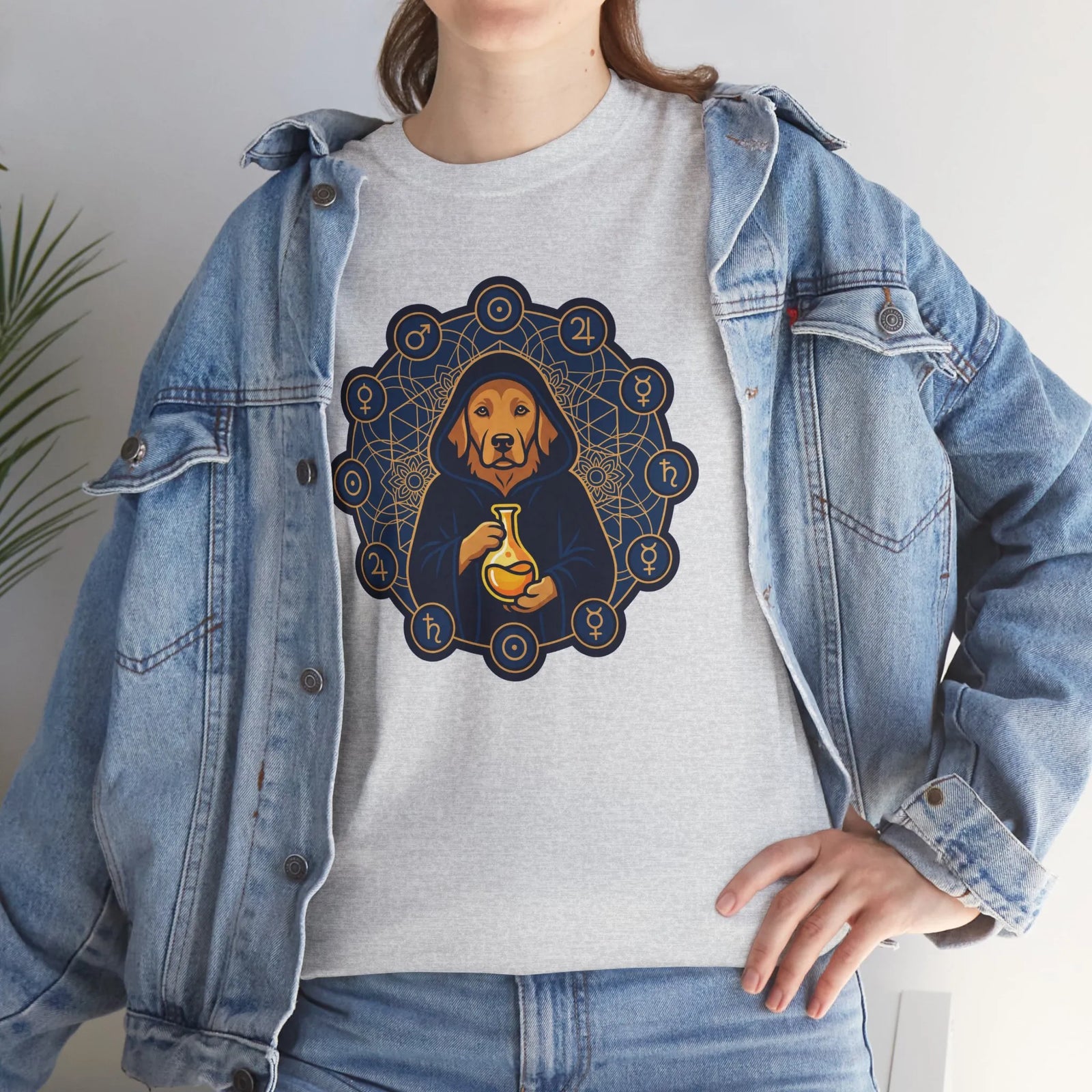 Alchemist Dog Sacred Geometry T-Shirt - Heavy Cotton Classic Fit Tee - Unisex White