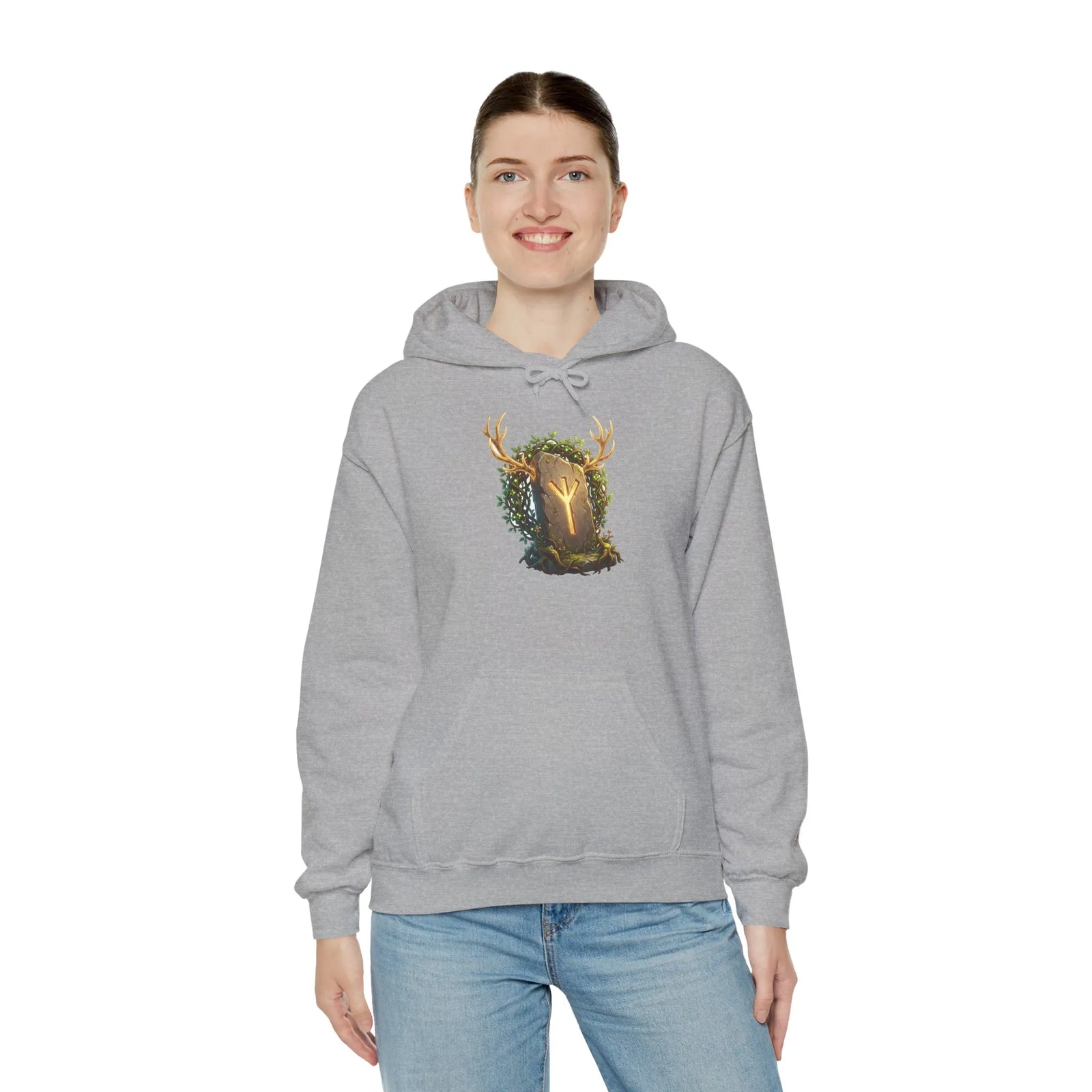Elhaz Protection Rune Antler Hoodie - Heavy Blend Cotton Blend Pullover - Unisex White