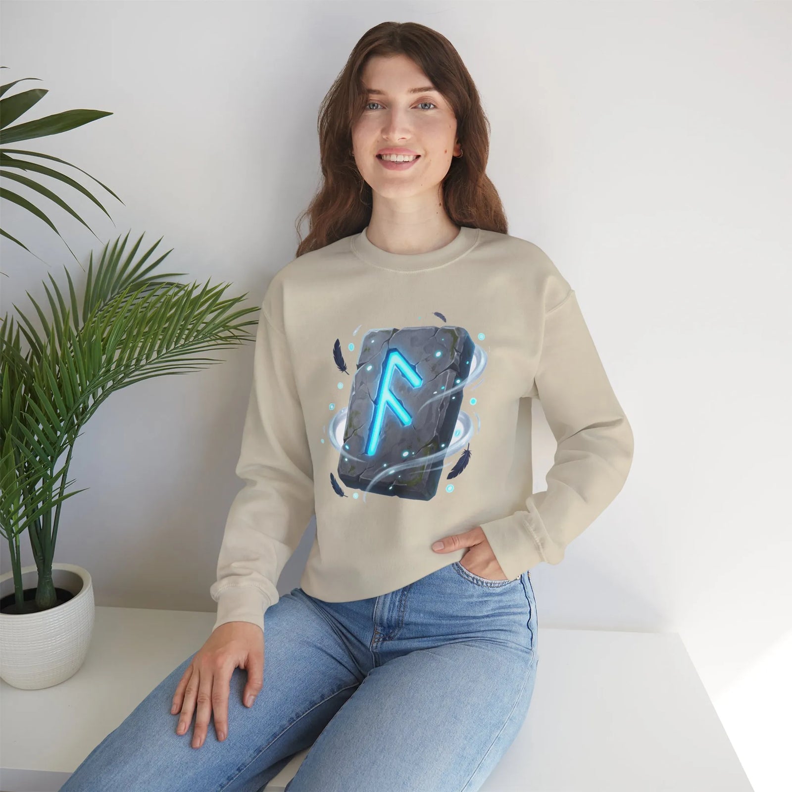 Ansuz Rune Divine Speech Graphic Sweatshirt - Heavy Blend Fleece Crewneck - Unisex White