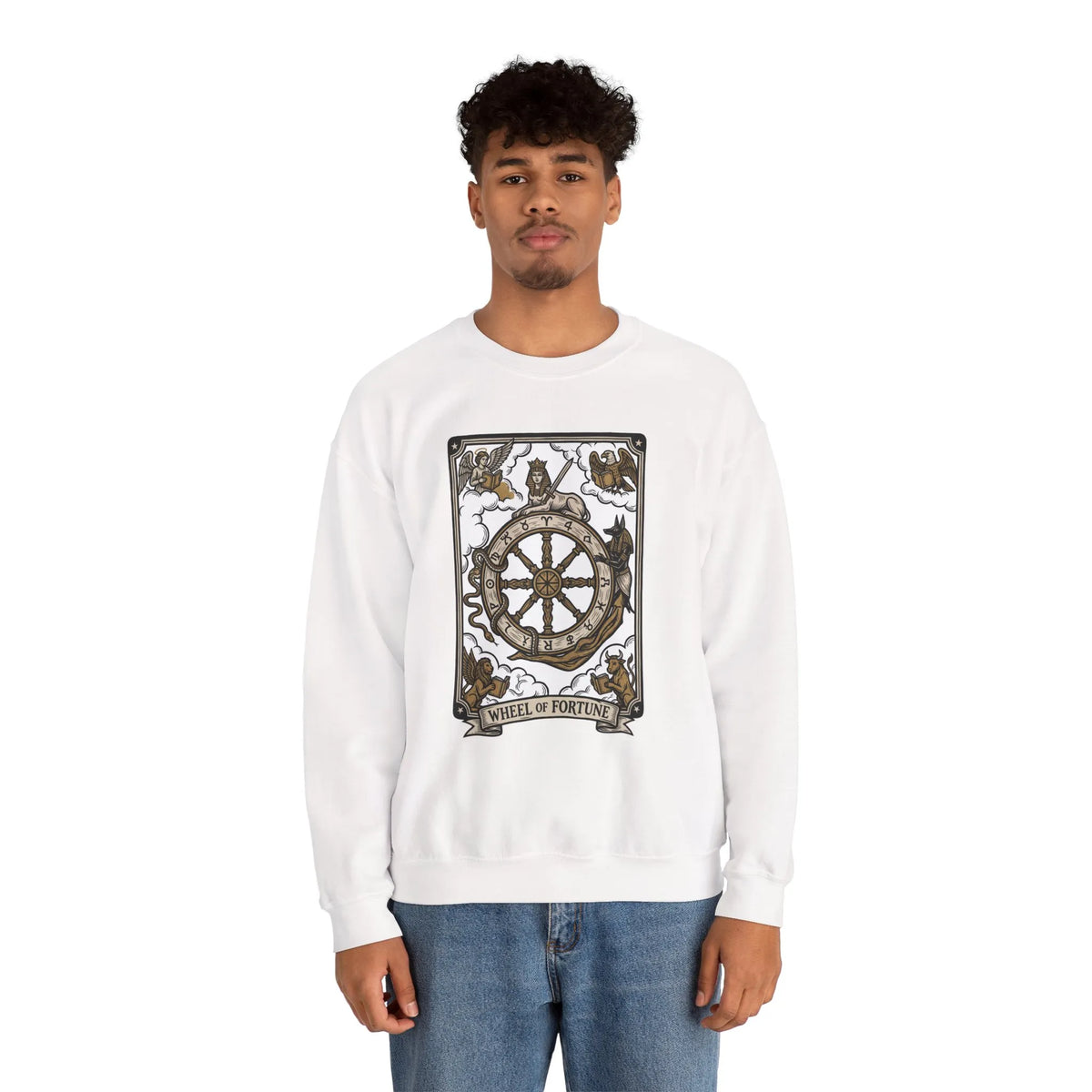 Wheel of Fortune Tarot Card Sweatshirt - Heavy Blend Crewneck Fleece - Unisex White