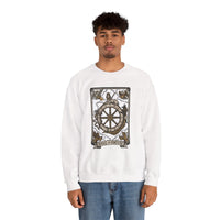 Wheel of Fortune Tarot Card Sweatshirt - Heavy Blend Crewneck Fleece - Unisex White