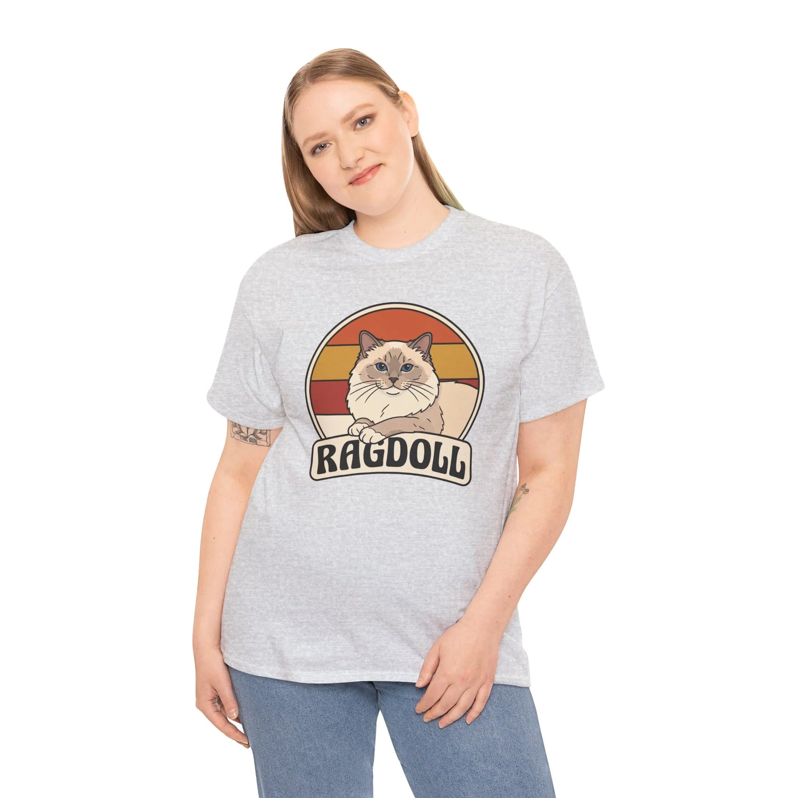 Ragdoll Cat Retro Sunset T-Shirt - Heavyweight Cotton Classic Tee - Unisex White