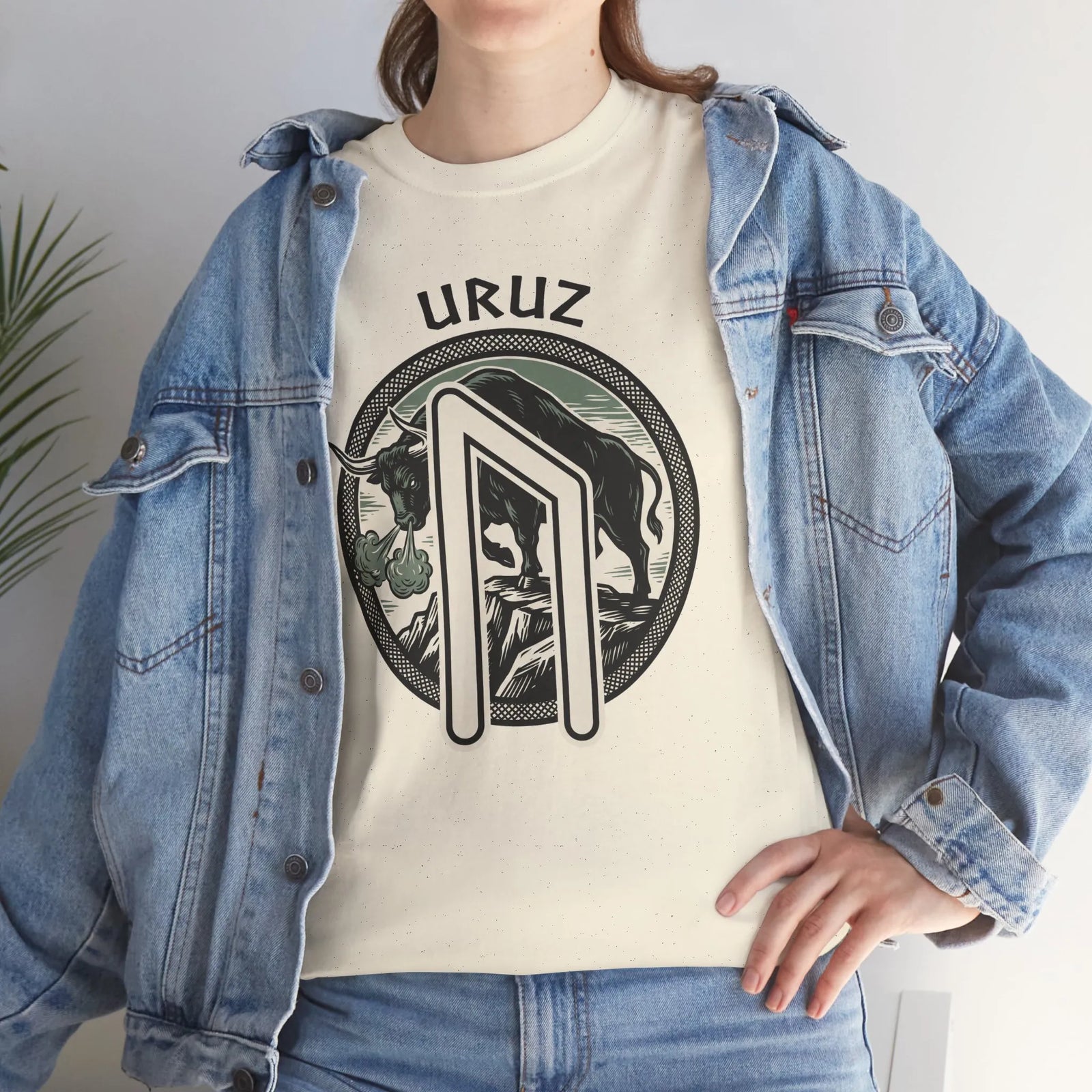 Uruz Runic Bull Graphic T-Shirt - Heavyweight Cotton Classic Fit Tee - Unisex White