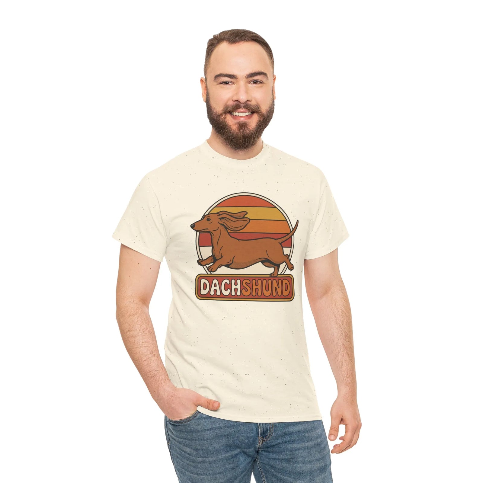 Dachshund Retro 70s Sunset Graphic T-Shirt - Heavy Cotton Classic Fit Tee - Unisex White