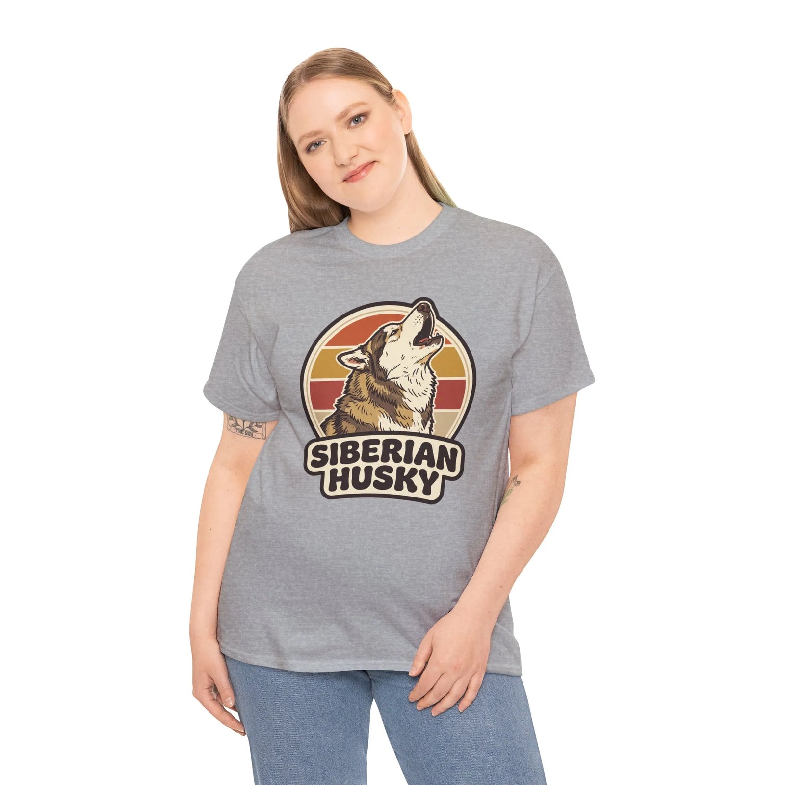Siberian Husky Retro Sunset T-Shirt - Heavy Cotton Classic Fit Tee - Unisex White