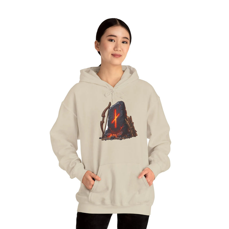 Nauthiz Rune Need-Fire Graphic Hoodie - Soft Cotton Blend Pullover - Unisex White