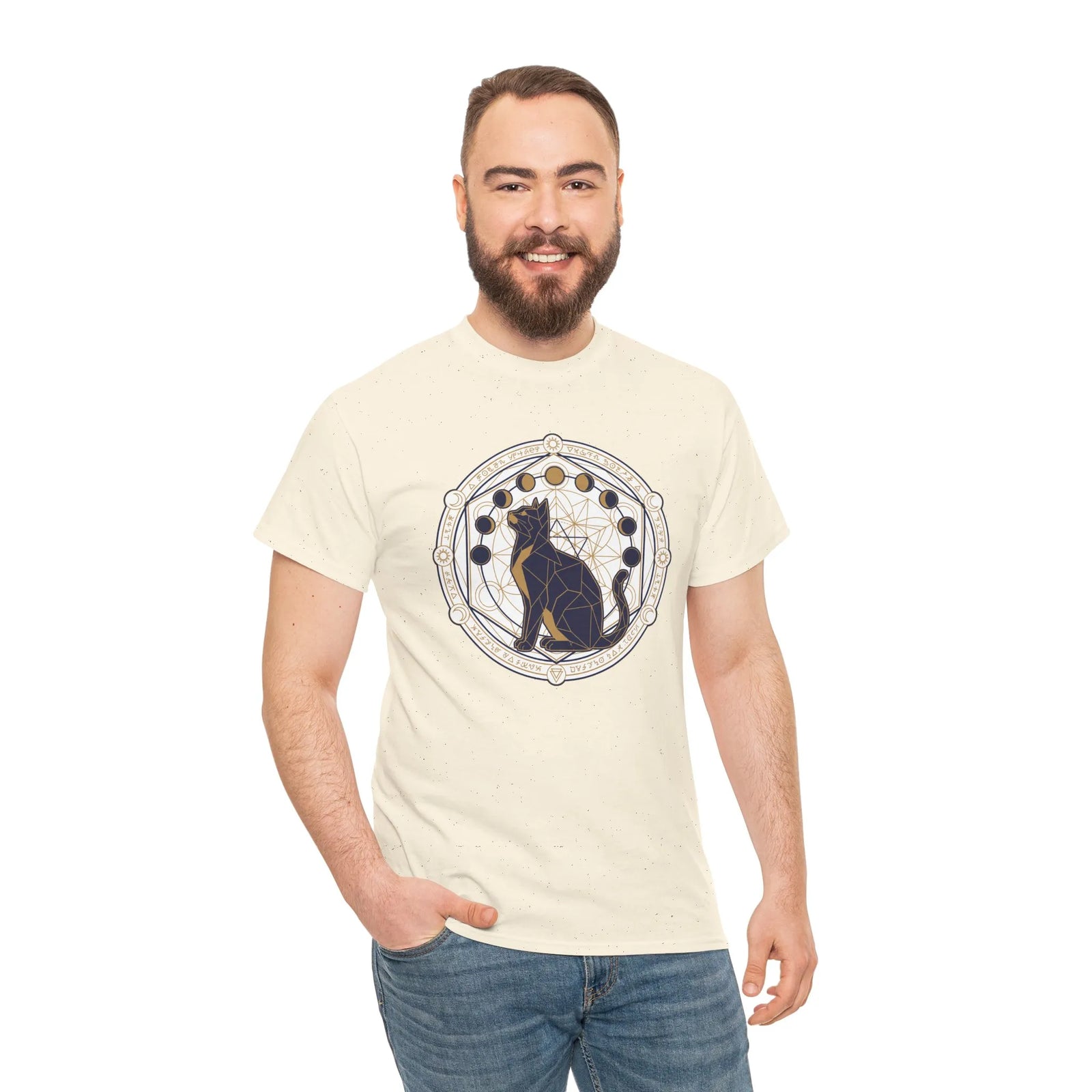 Moon Phases Sacred Geometry Cat Graphic T-Shirt - Heavy Cotton Classic Fit Tee - Unisex White