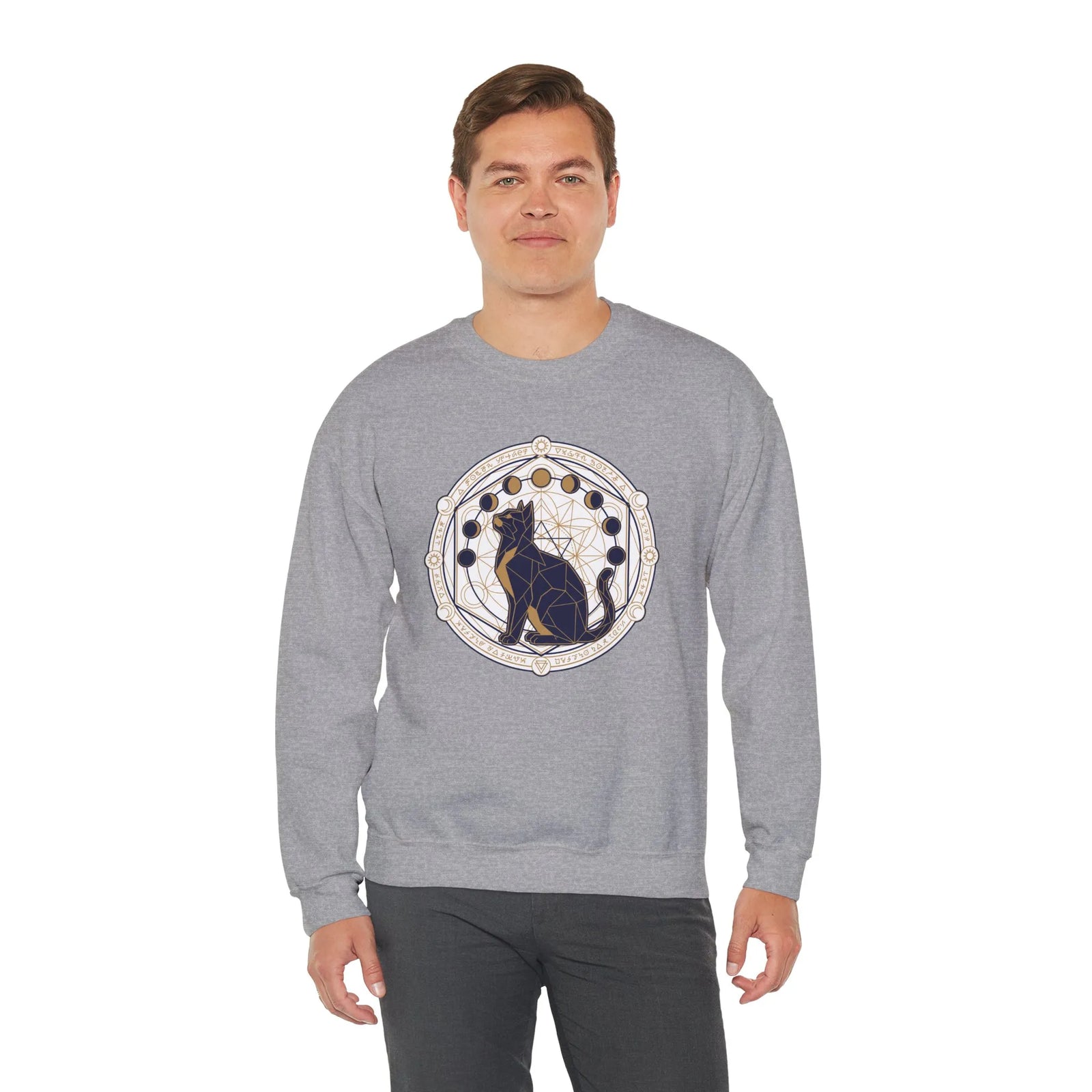 Moon Phases Sacred Geometry Cat Sweatshirt - Heavy Blend Cotton Polyester Crewneck - Unisex White