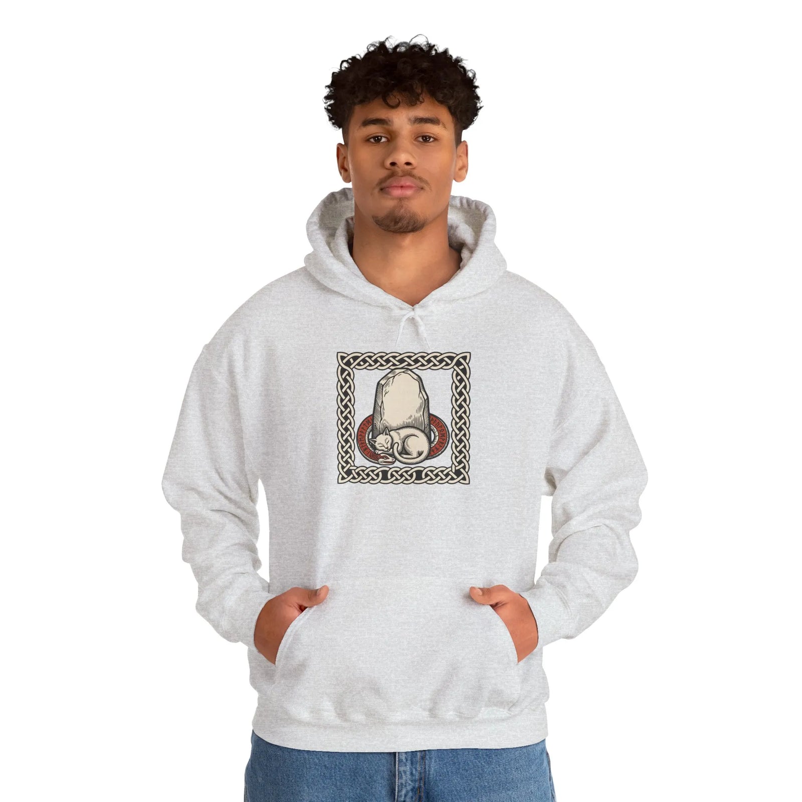 Runestone Cat Norse Woodcut Hoodie - Soft Cotton Blend Fleece Pullover - Unisex White