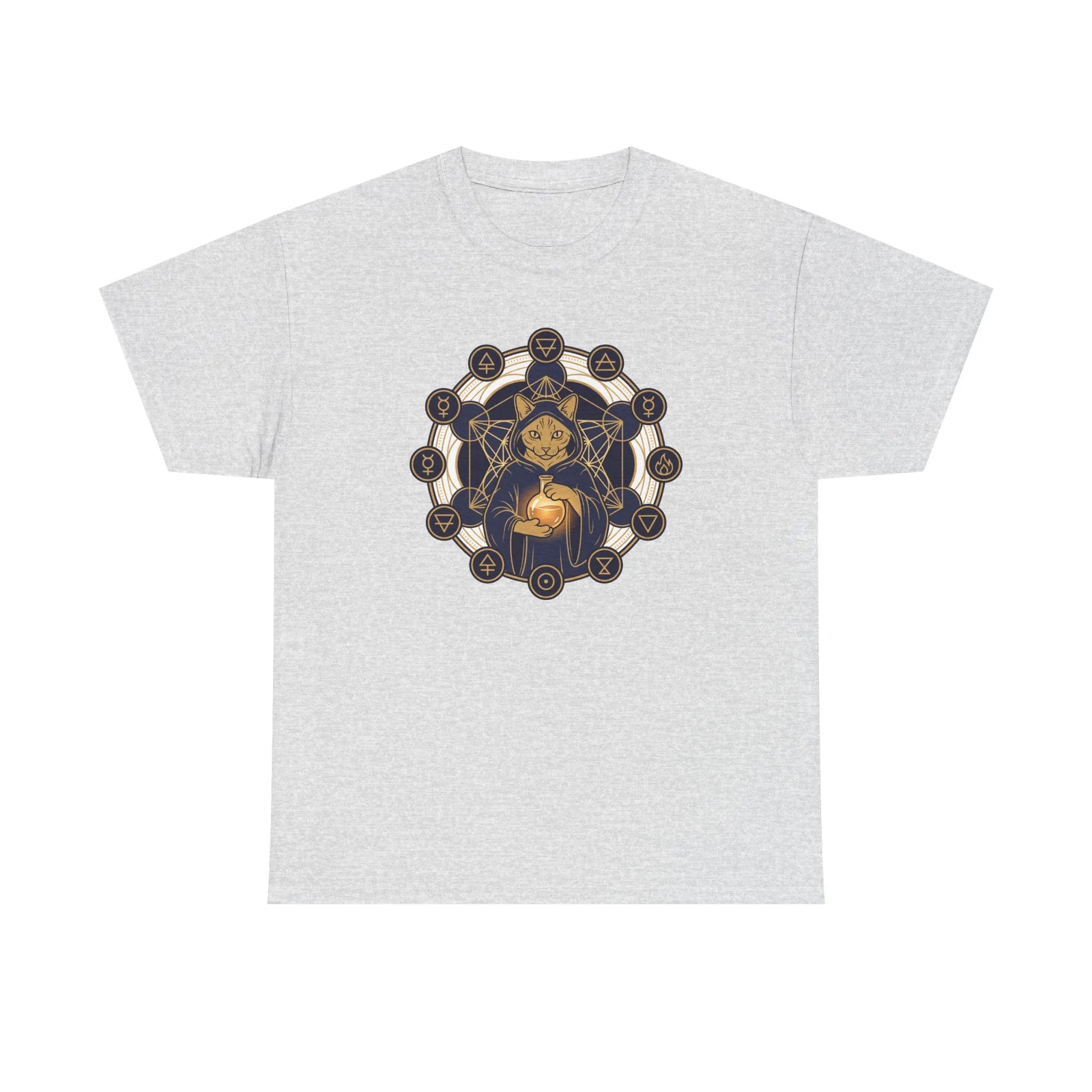 Alchemist Cat Sacred Geometry T-Shirt - Durable Heavy Cotton Tee - Unisex White