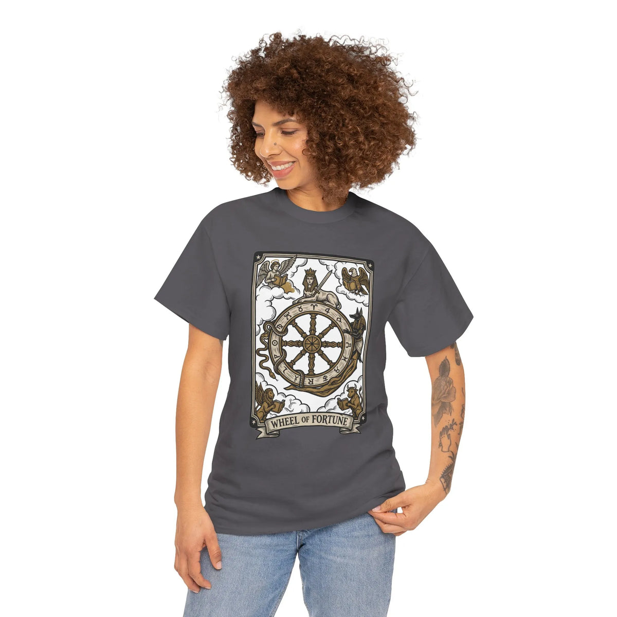 Wheel of Fortune Tarot Graphic T-Shirt - Heavyweight Cotton Classic Fit - Unisex White