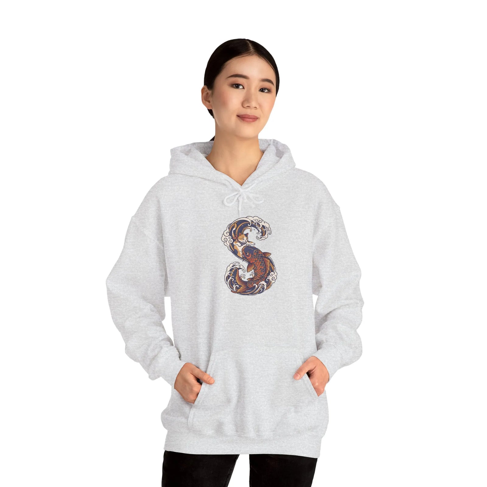 Ukiyo-e Samurai Cat Koi Rider Hoodie - Cozy Soft Blend Fleece Pullover - Unisex Off White