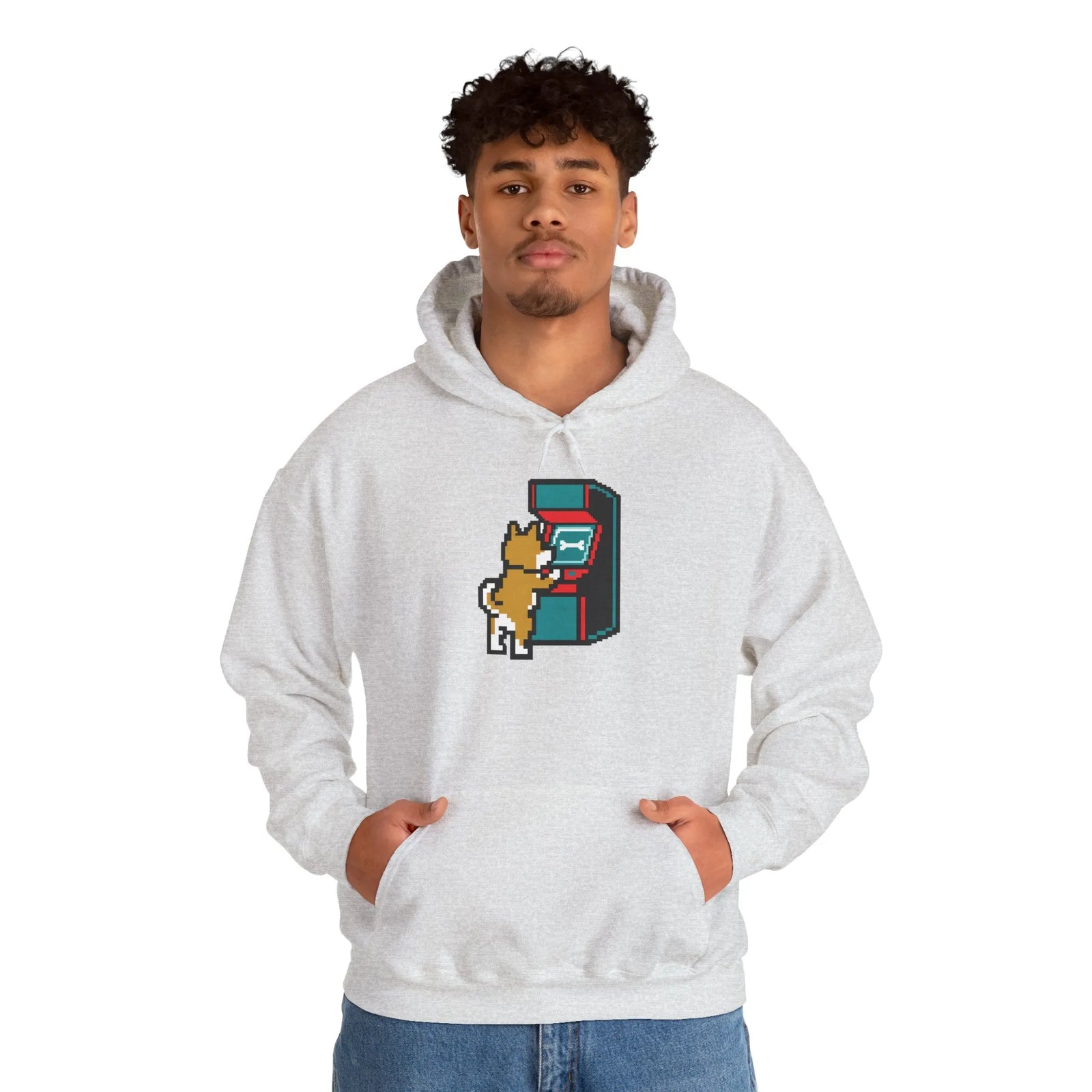 8-Bit Pixel Gaming Dogs Hoodie - Soft Cotton Blend Pullover Fleece - Unisex White
