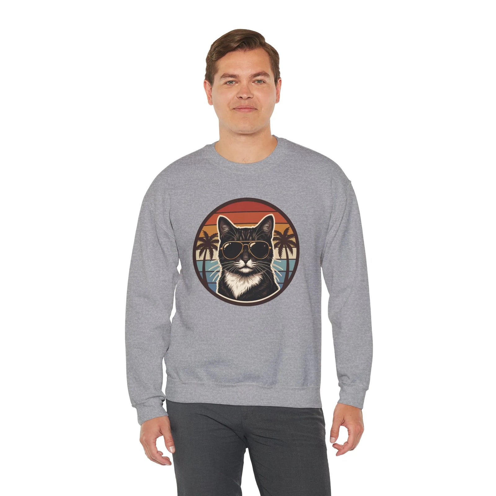 Tuxedo Cats 70s Sunset Sweatshirt - Heavy Blend Fleece Crewneck - Unisex White