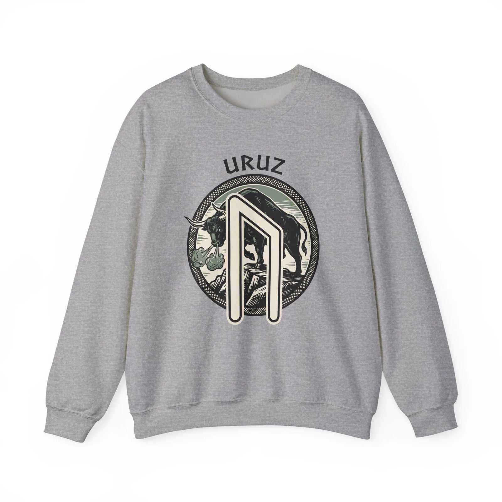 Uruz Rune Bull Norse Mythology Sweatshirt - Heavy Blend Cotton Poly Crewneck - Unisex White