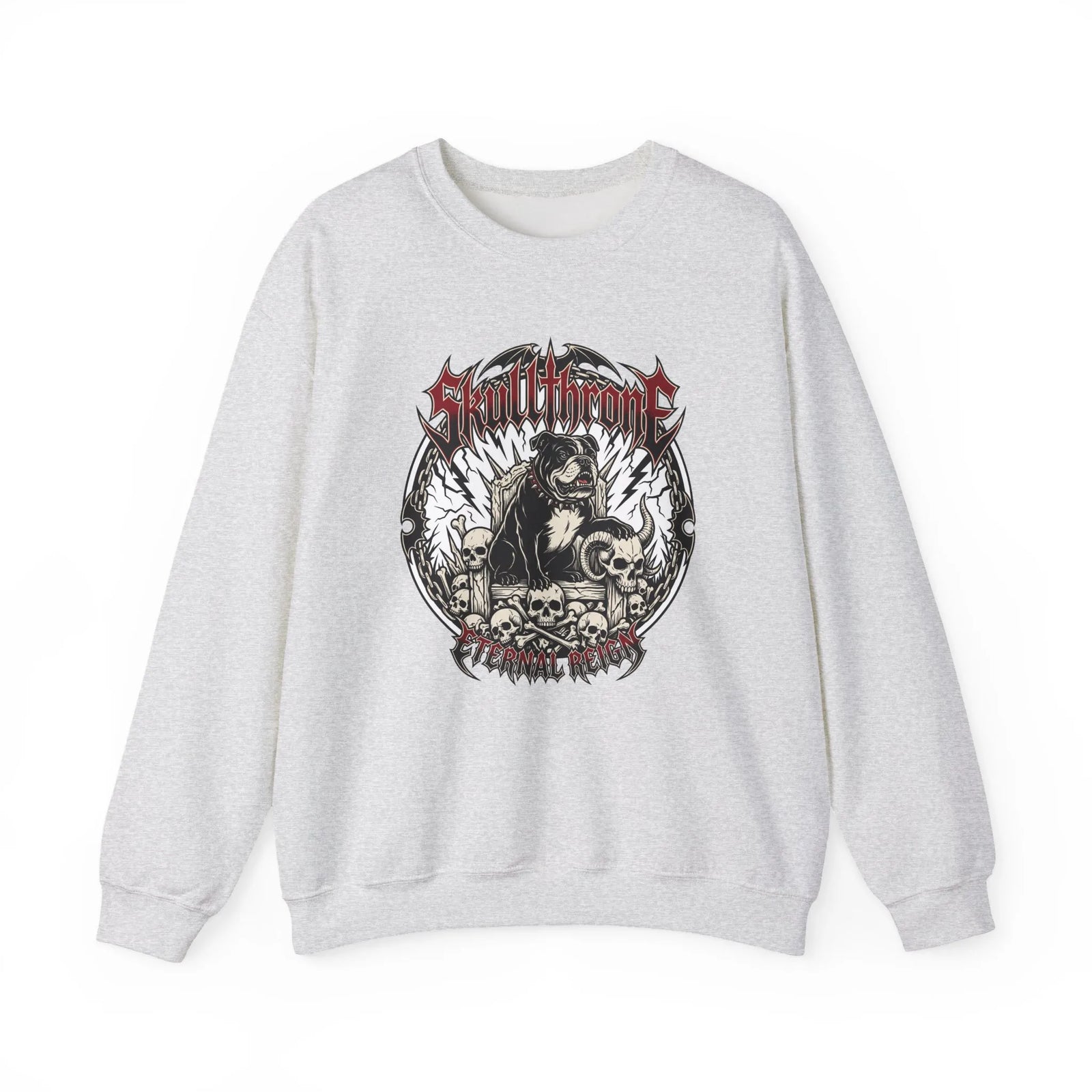 Skull Throne Heavy Metal Rocker Dogs Sweatshirt - Heavy Blend Cotton Poly Crewneck - Unisex White