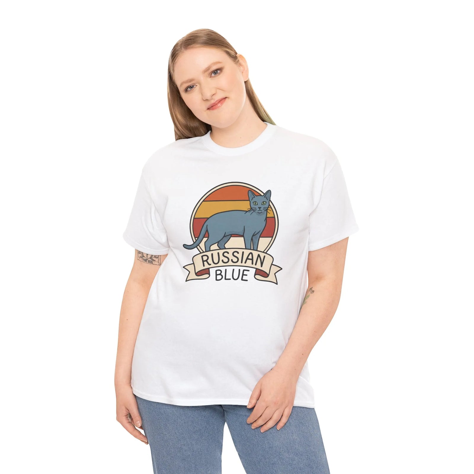 Russian Blue Retro 70s Sunset T-Shirt - Heavy Cotton Classic Fit Tee - Unisex White