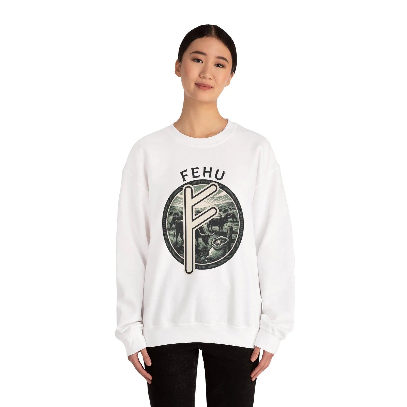 Fehu Rune Wealth Graphic Sweatshirt - Heavyweight 50/50 Fleece Crewneck - Unisex White