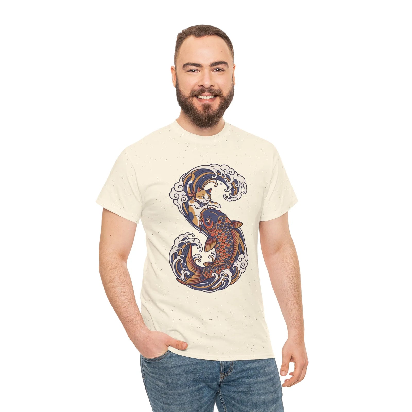 Koi Rider Ukiyo-e Samurai Cat T-Shirt - Heavy Cotton Classic Fit Tee - Unisex White