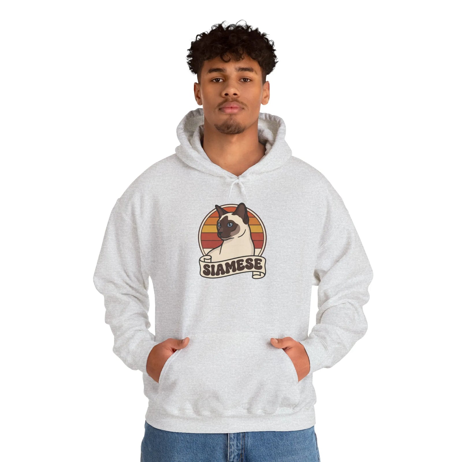 Siamese Cat Retro 70s Sunset Graphic Hoodie - Cozy Cotton Poly Blend Pullover - Unisex White