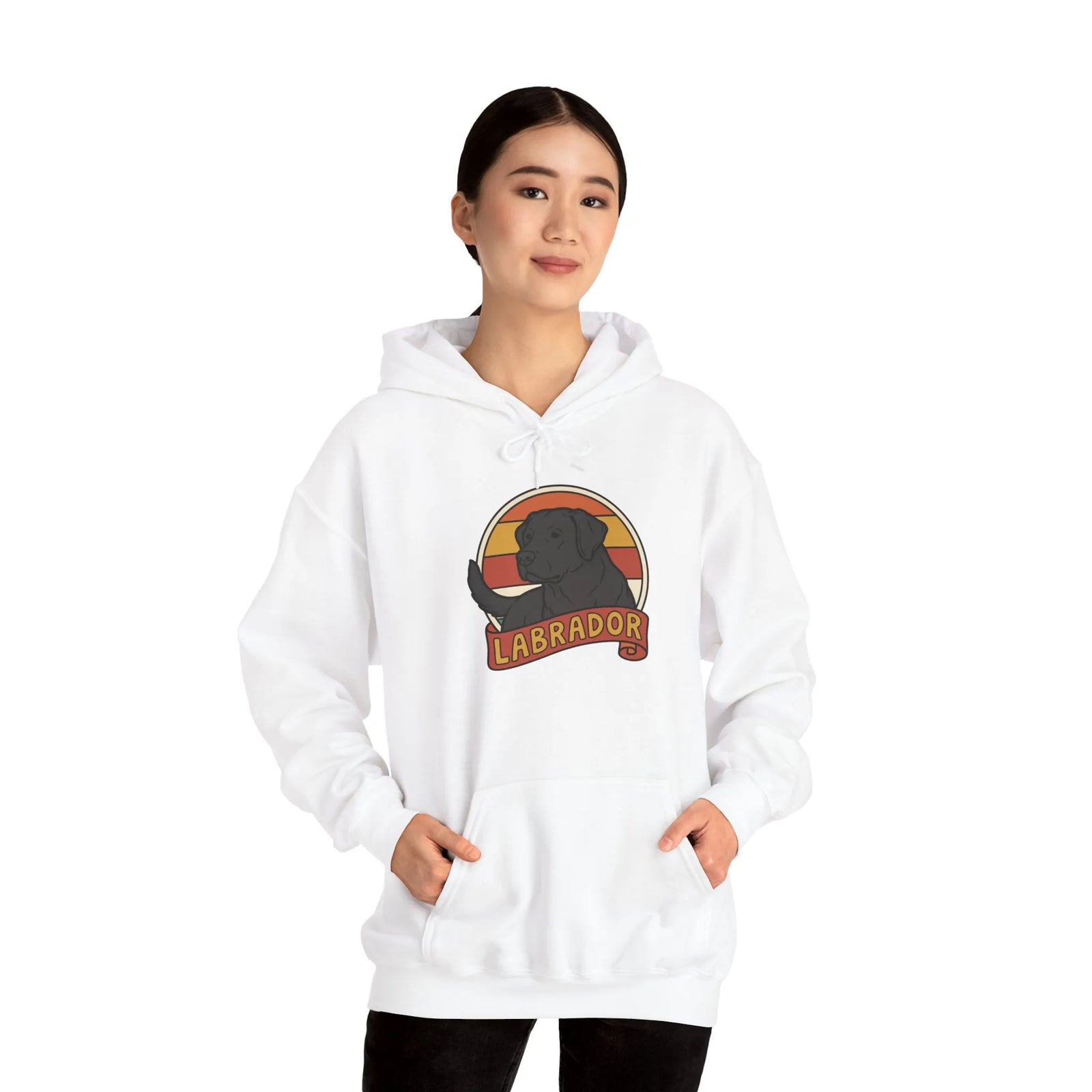 Labrador Retro 70s Sunset Breed Hoodie - Cozy Cotton Blend Pullover - Unisex White
