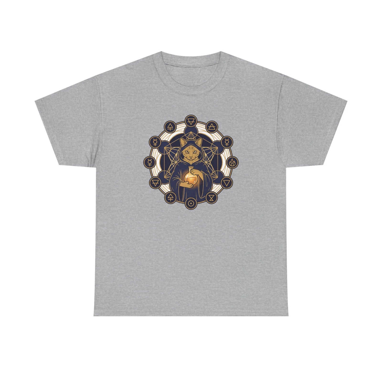 Alchemist Cat Sacred Geometry T-Shirt - Durable Heavy Cotton Tee - Unisex White