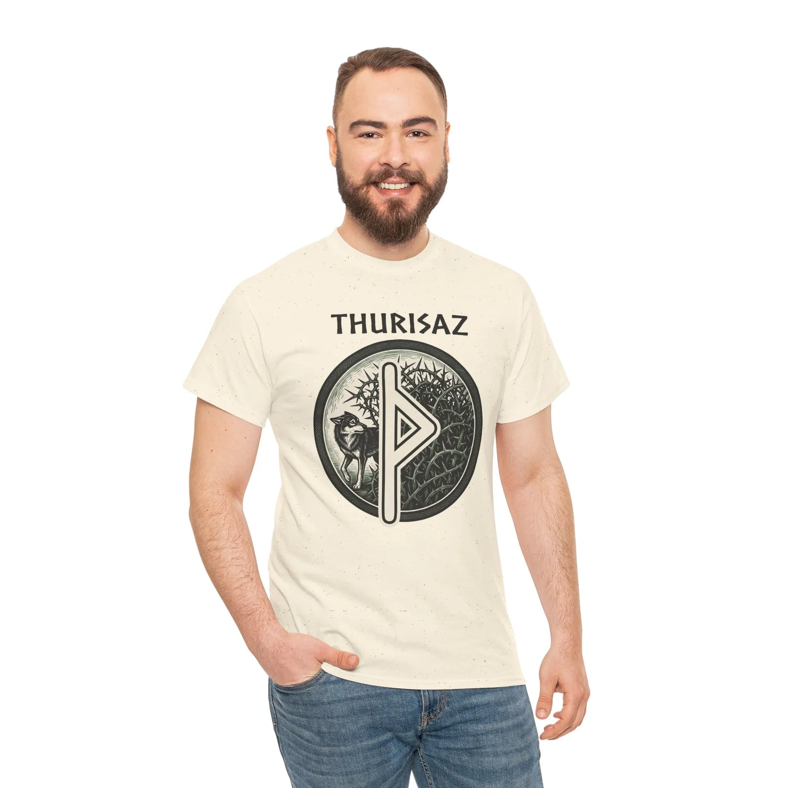 Thurisaz Rune Wolf Thorn T-Shirt - Medium Weight 100% Cotton Tee - Unisex White