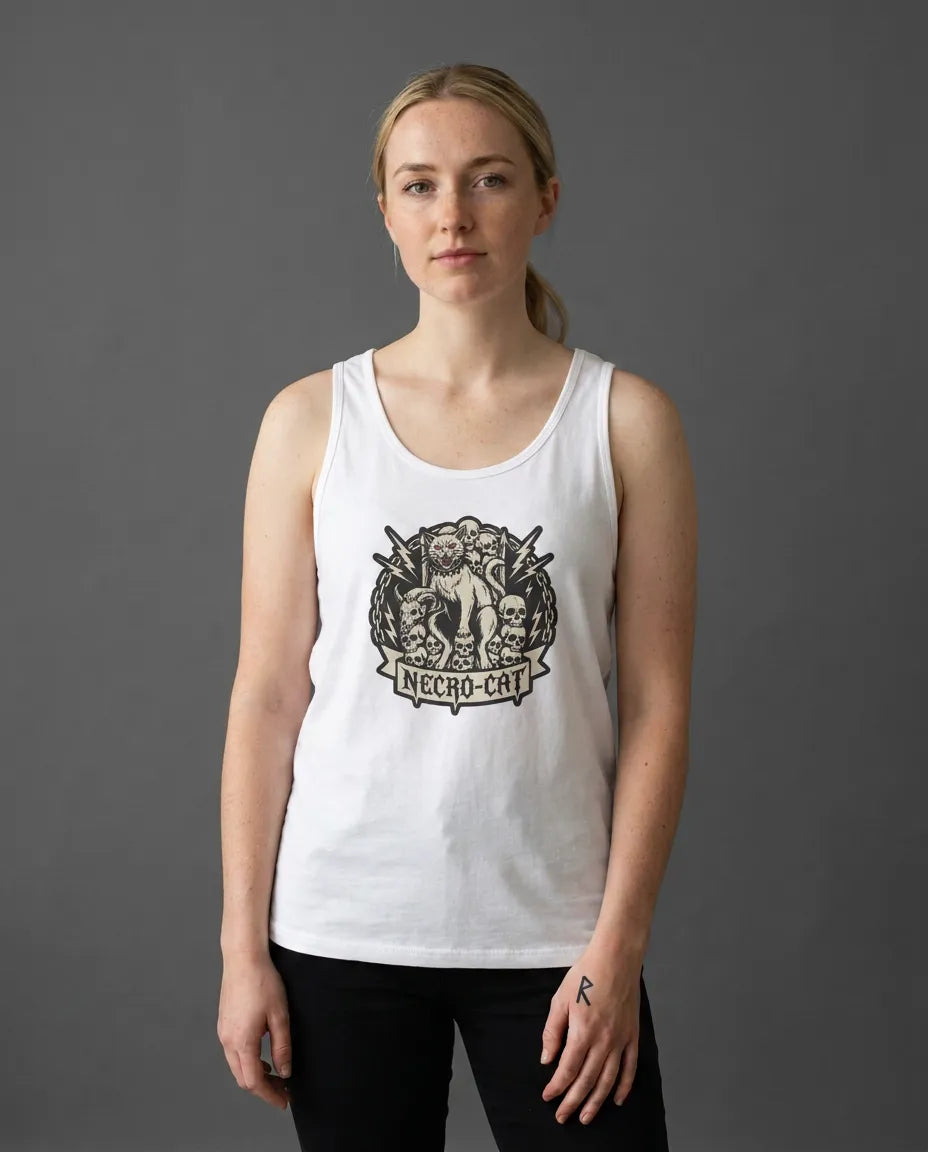Heavy Metal Rocker Cat Skull Tank Top - Lightweight Jersey Retail Fit - Unisex White