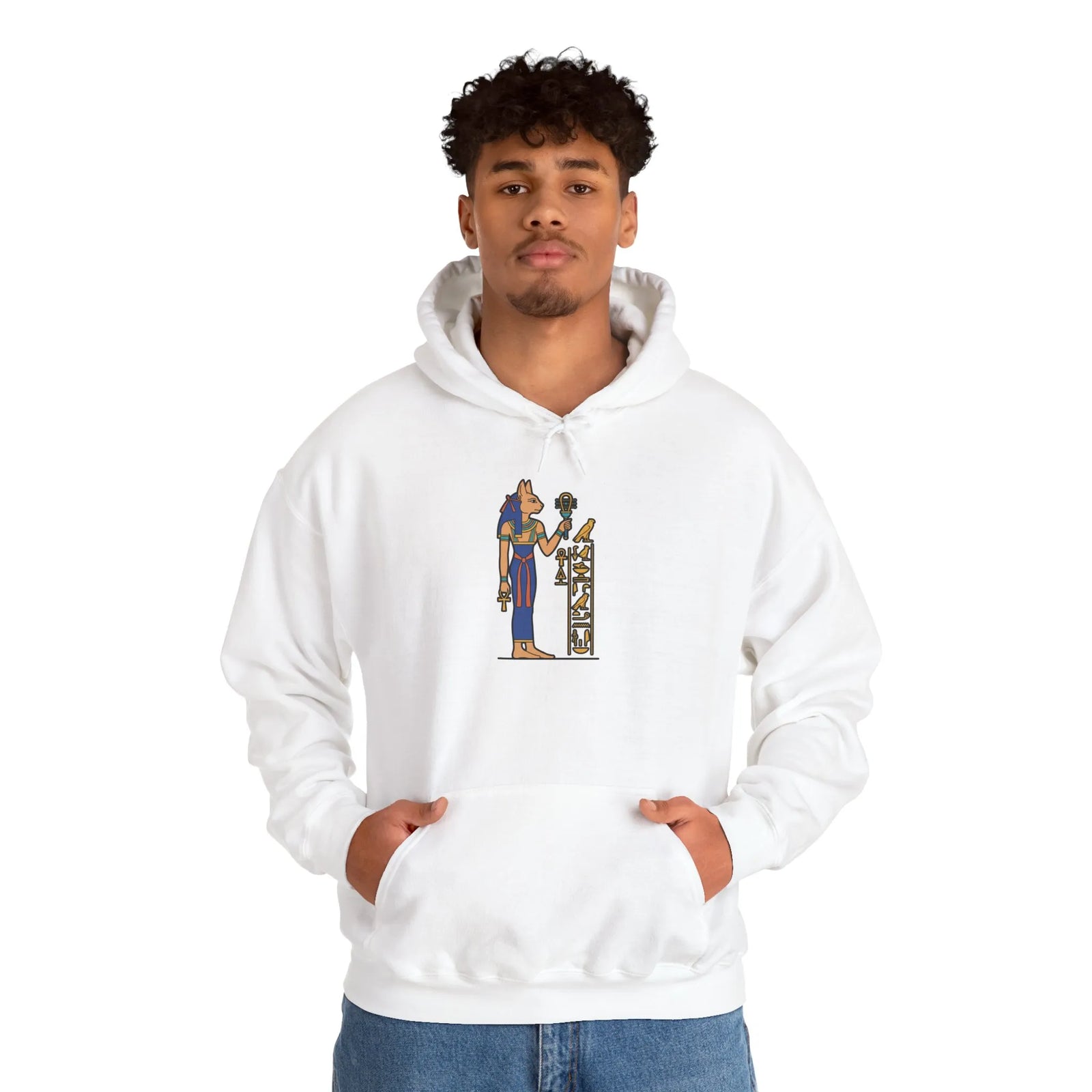 Bastet Egyptian Cat Pharaoh Hoodie - Soft Heavy Blend Fleece Pullover - Unisex White