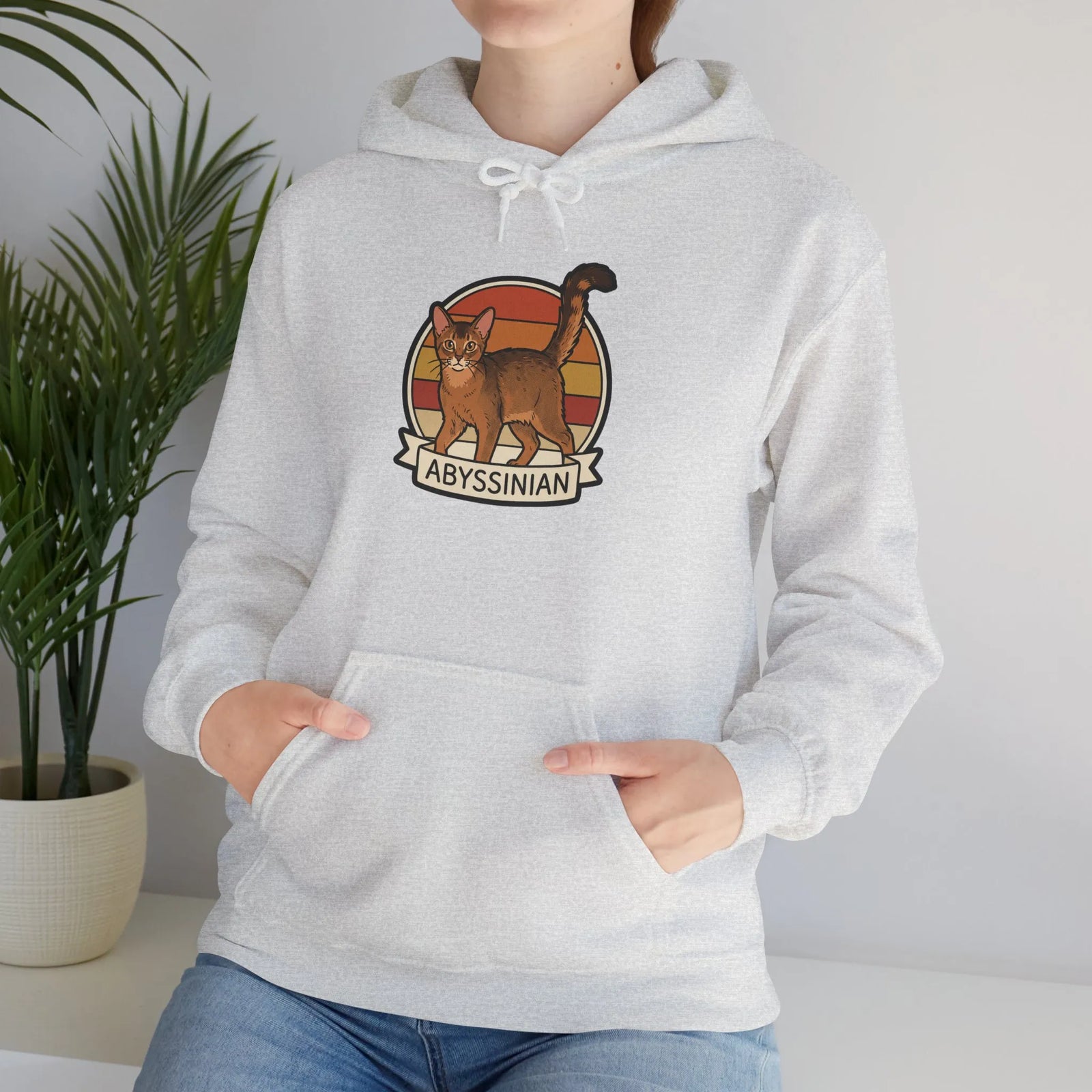 Abyssinian Cat Retro Sunset Hoodie - Heavy Blend Fleece Pullover - Unisex White