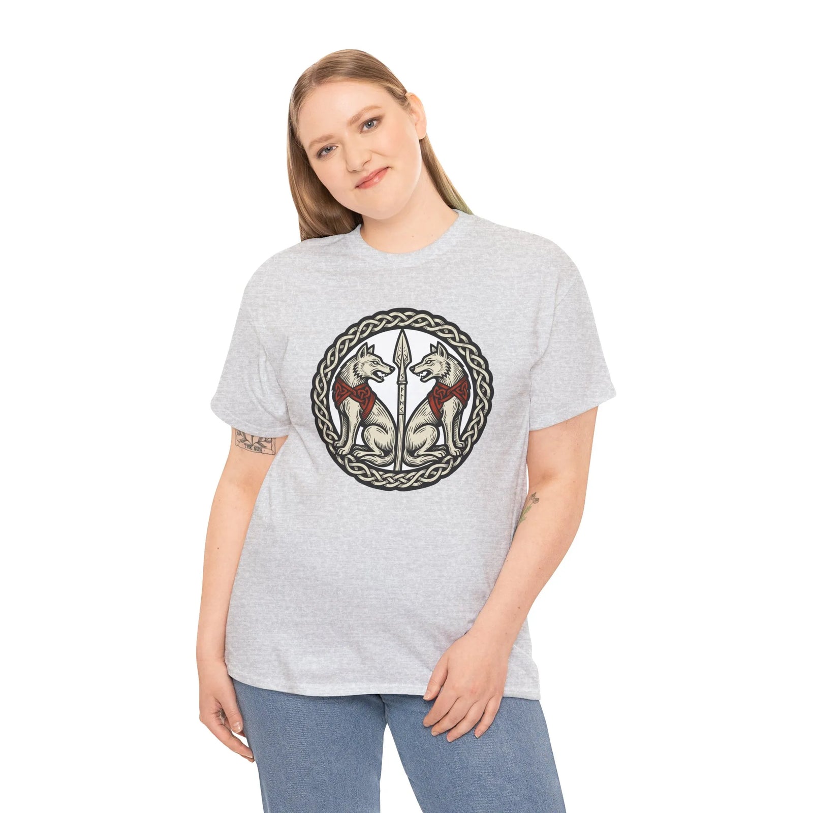 Geri and Freki Odin's Wolves Woodcut T-Shirt - Heavy Cotton Classic Fit Tee - Unisex White