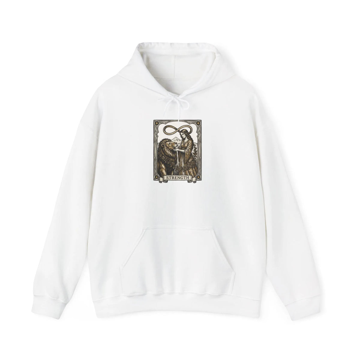 Strength Tarot Card Graphic Hoodie - Heavy Blend Fleece Pullover - Unisex White