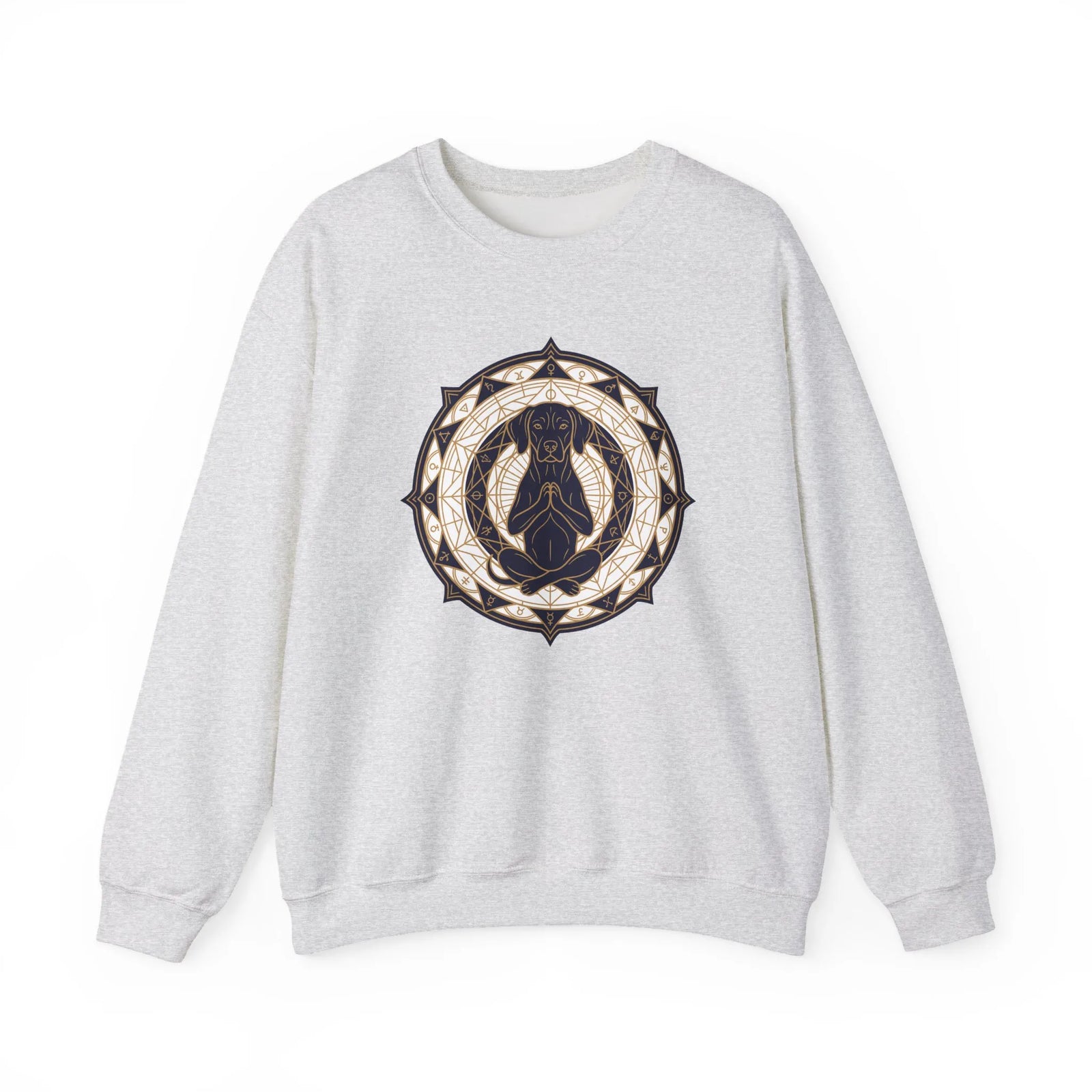 Meditating Dog Sacred Geometry Sweatshirt - Heavy Blend Fleece Crewneck - Unisex White