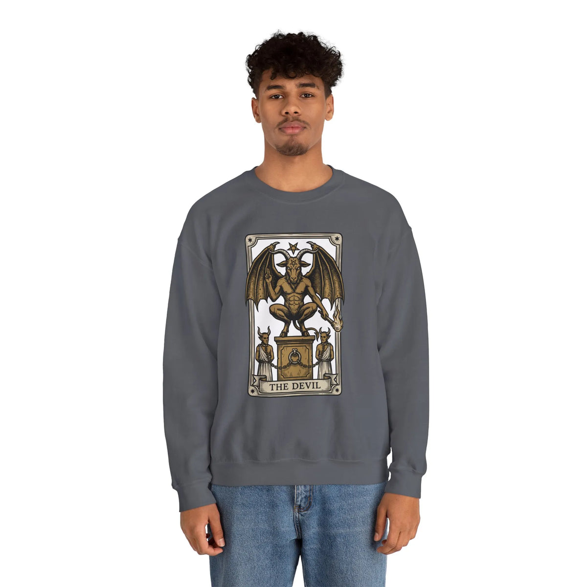 Devil Tarot Card Graphic Sweatshirt - Heavy Blend Fleece Crewneck - Unisex White