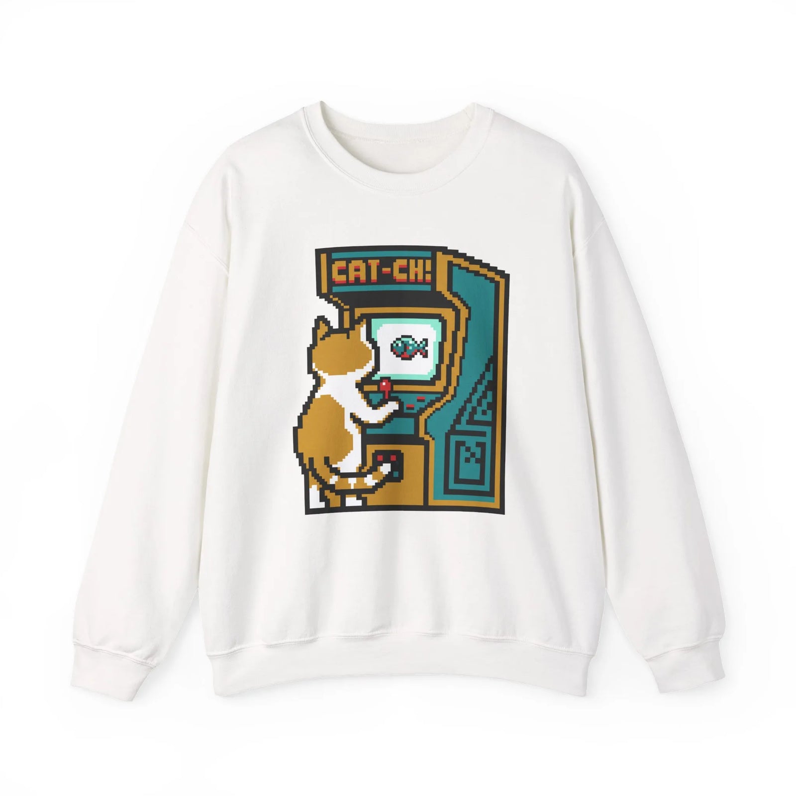 Arcade Night Pixel Gaming Cats Sweatshirt - Heavy Blend Fleece Crewneck - Unisex White