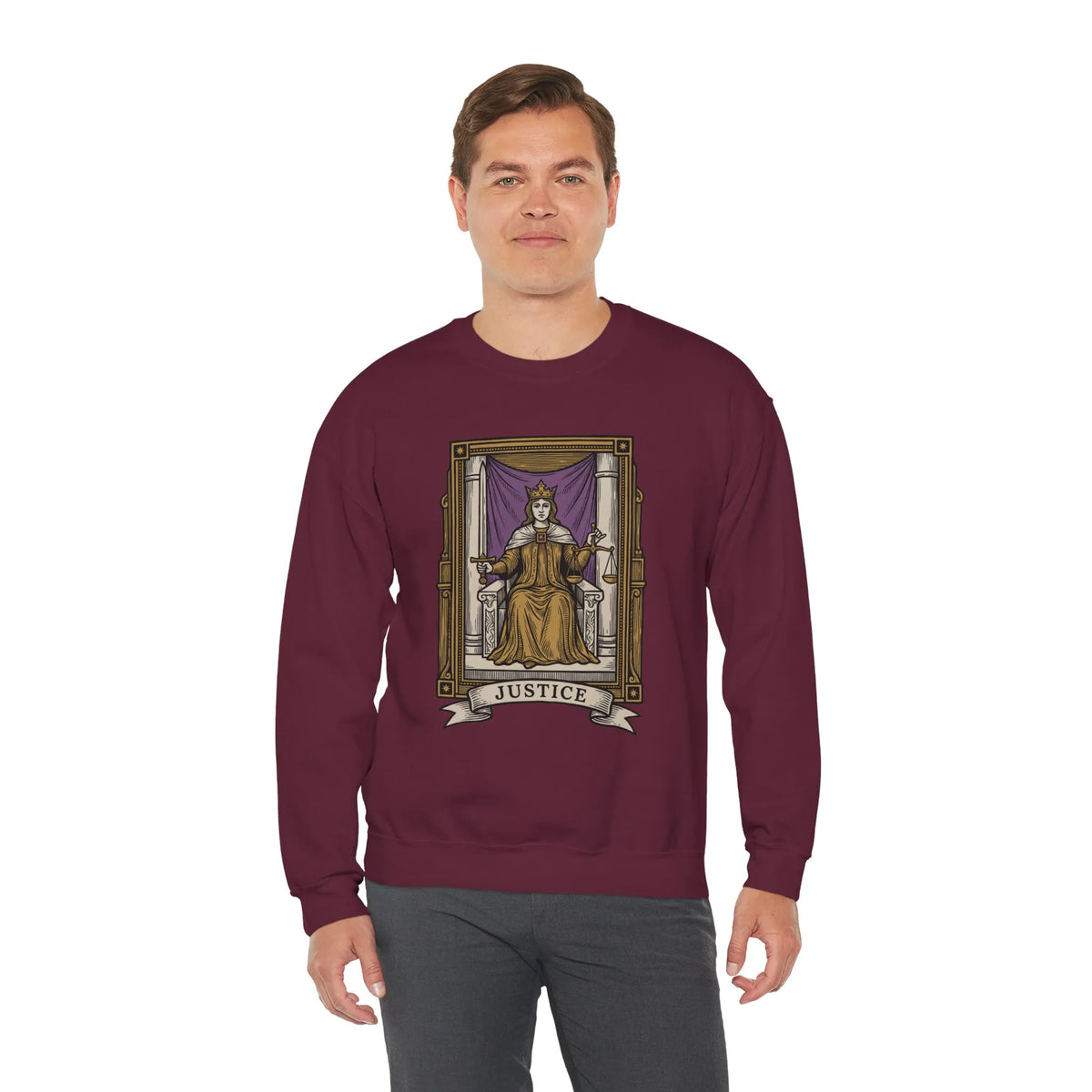 Justice Tarot Card Sweatshirt - Heavy Blend Cotton Poly Crewneck - Unisex White