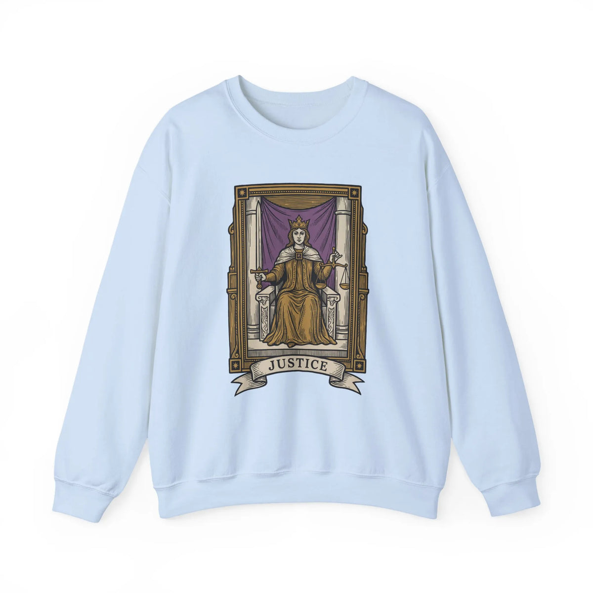 Justice Tarot Card Sweatshirt - Heavy Blend Cotton Poly Crewneck - Unisex White