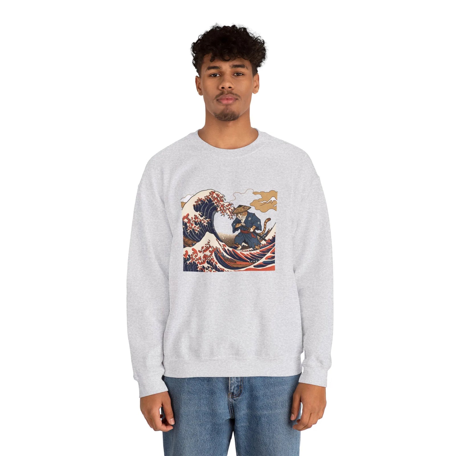 Ukiyo-e Samurai Cat Great Wave Sweatshirt - Heavy Blend Cotton Blend Crewneck - Unisex White