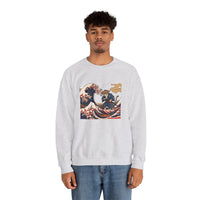 Ukiyo-e Samurai Cat Great Wave Sweatshirt - Heavy Blend Cotton Blend Crewneck - Unisex White