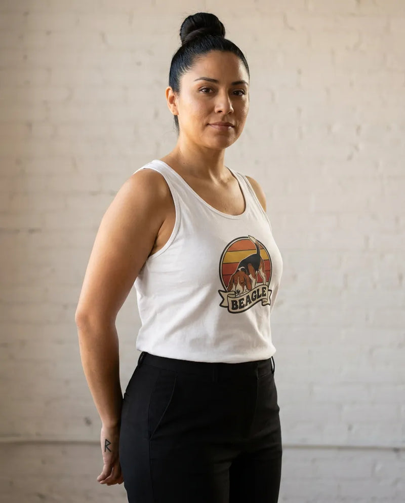 Beagle Retro 70s Sunset Graphic Tank Top - Soft Lightweight Cotton Jersey - Unisex White