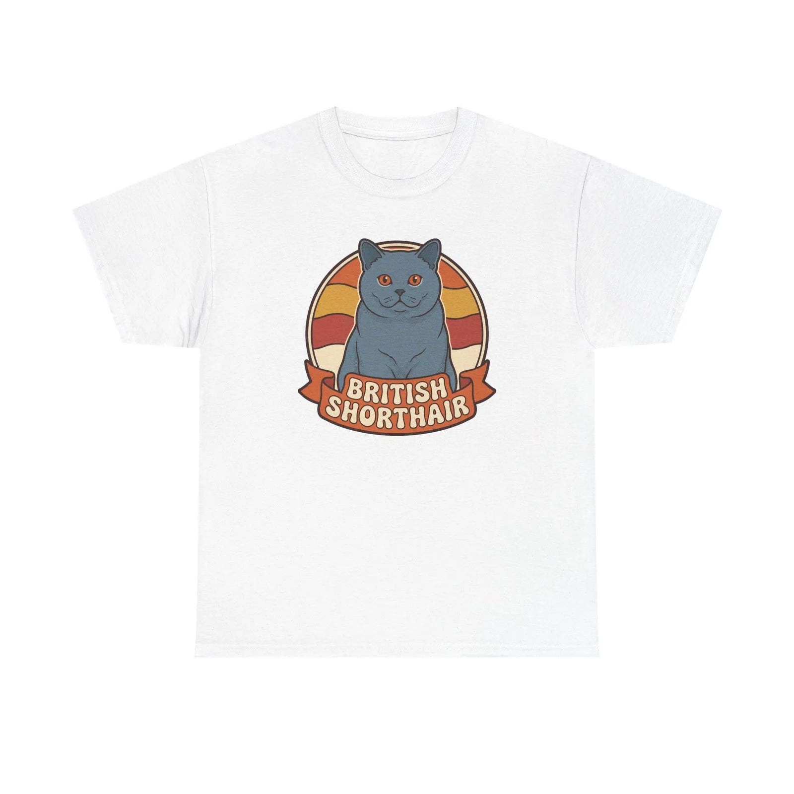 British Shorthair Retro Sunset T-Shirt - Heavyweight Cotton Classic Tee - Unisex White