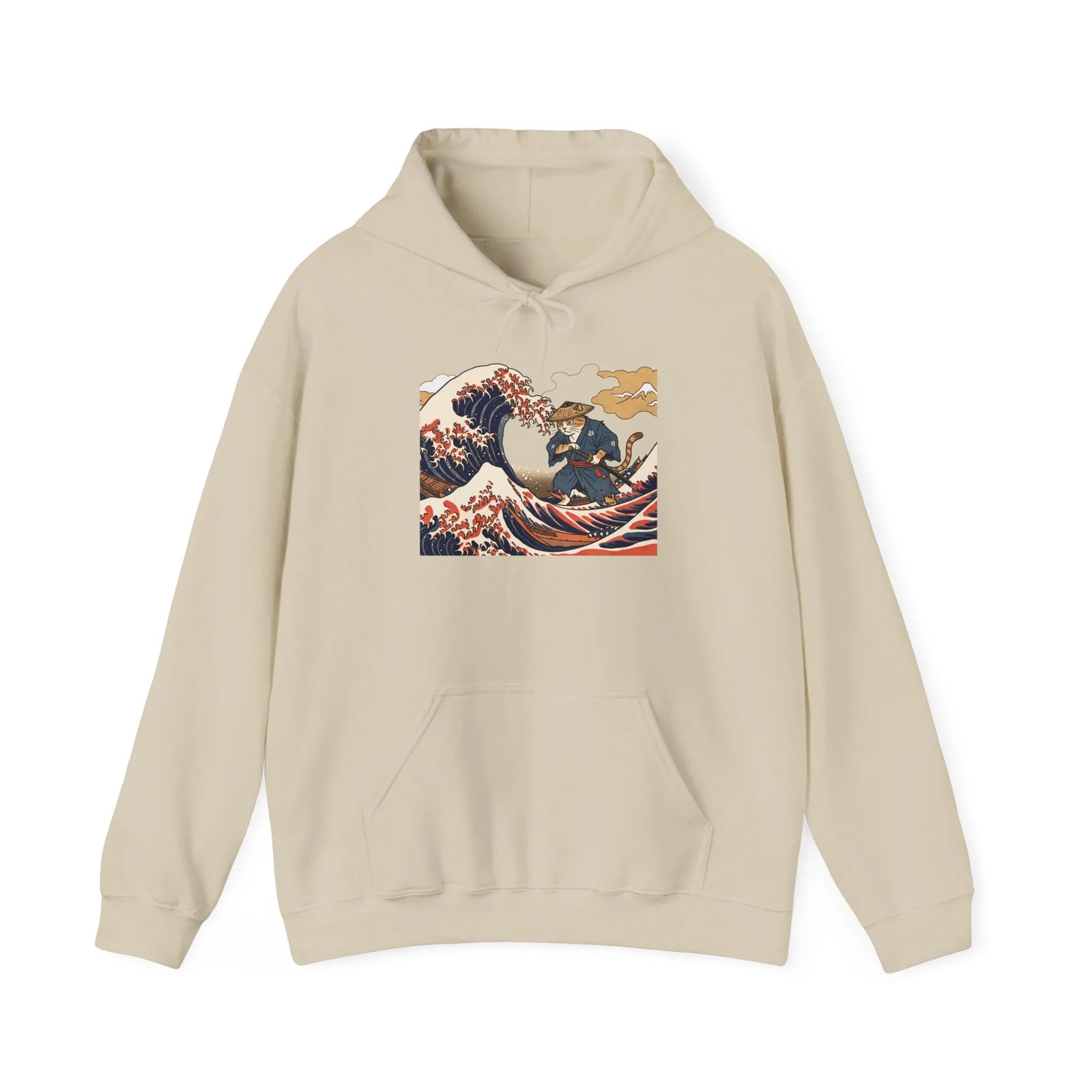 Ronin Wave Samurai Cat Ukiyo-e Hoodie - Heavy Blend Fleece Pullover - Unisex White