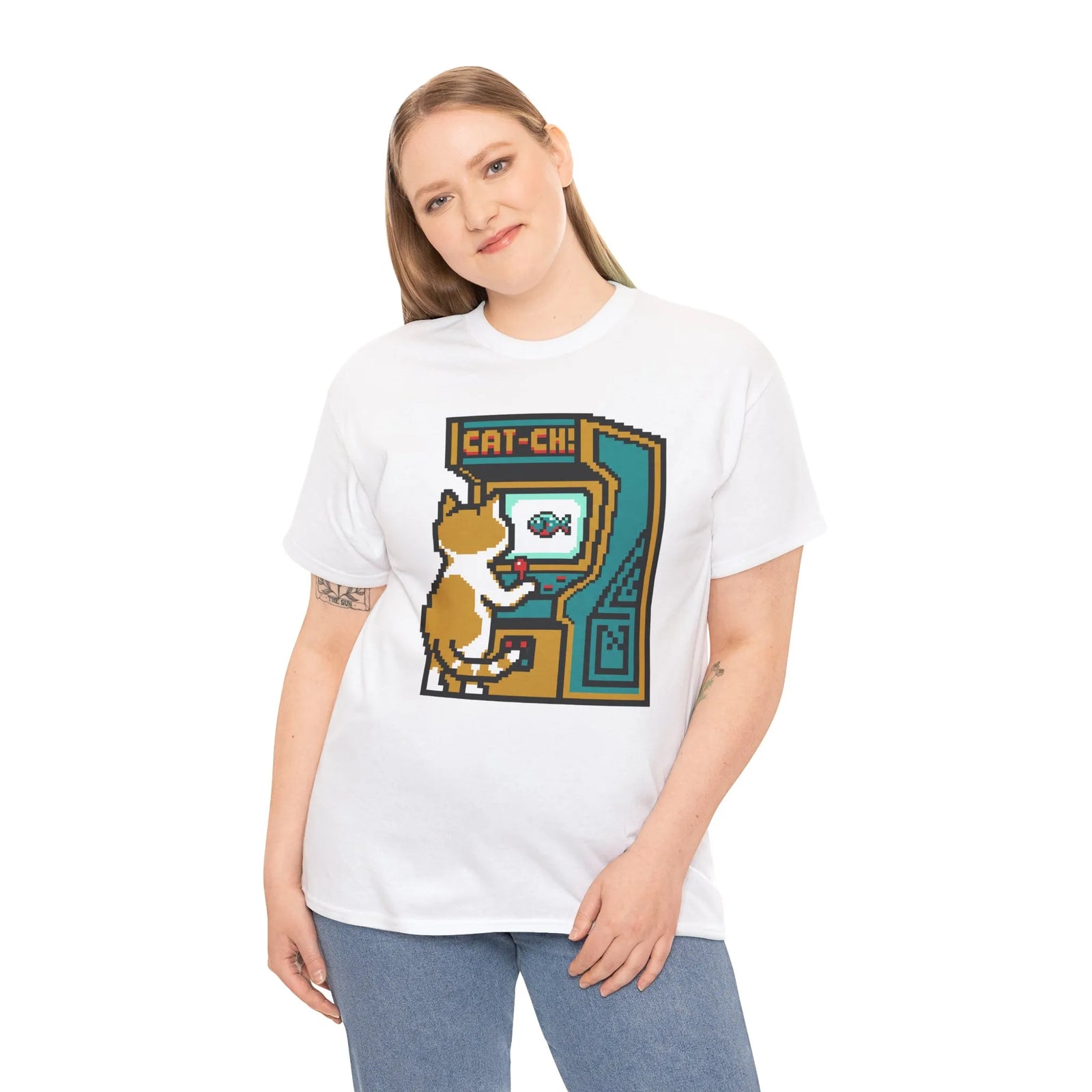8-Bit Pixel Gaming Cats Arcade T-Shirt - Heavy Cotton Classic Fit Tee - Unisex White