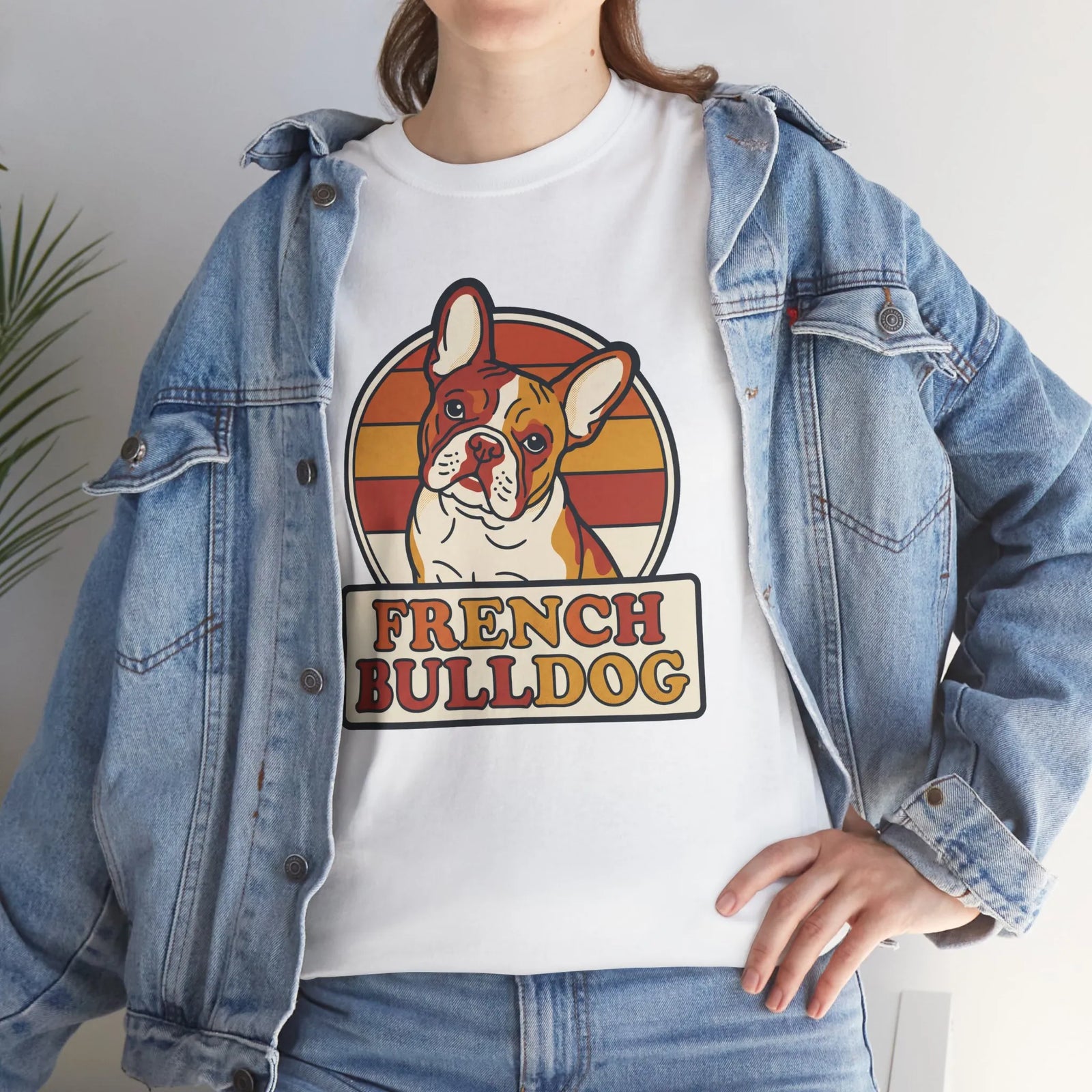 French Bulldog Retro 70s Sunset T-Shirt - Heavy Cotton Classic Fit Tee - Unisex White