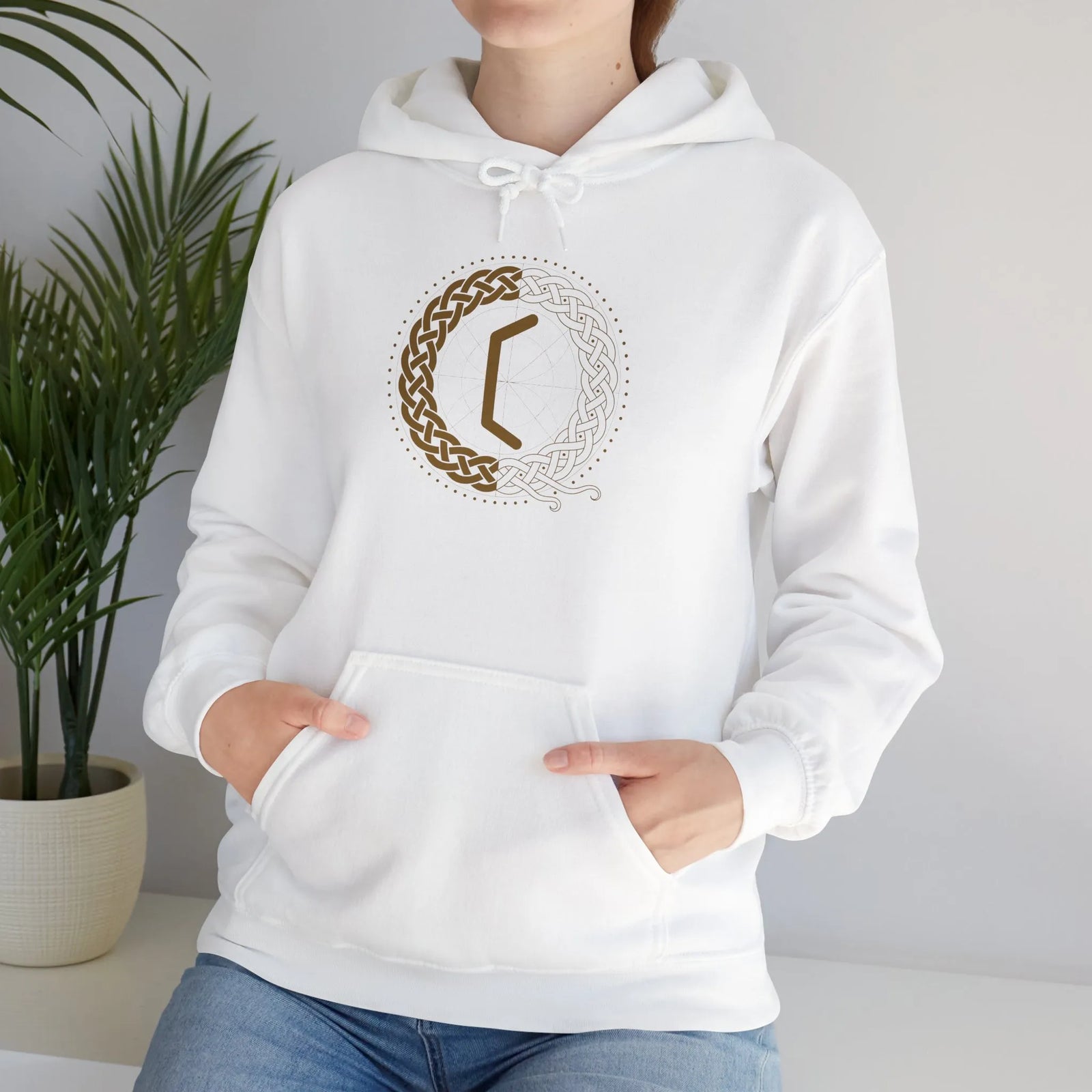 Perthro Runic Symbol Hoodie - Heavyweight Fleece Pullover - Unisex White