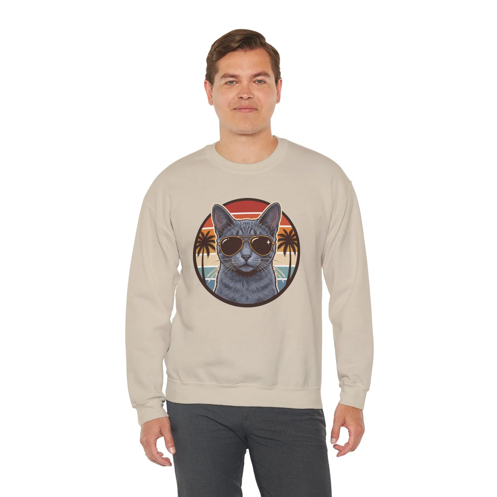 Russian Blue Cat Aviator Sunglasses Sweatshirt - Heavy Blend Fleece Crewneck - Unisex White